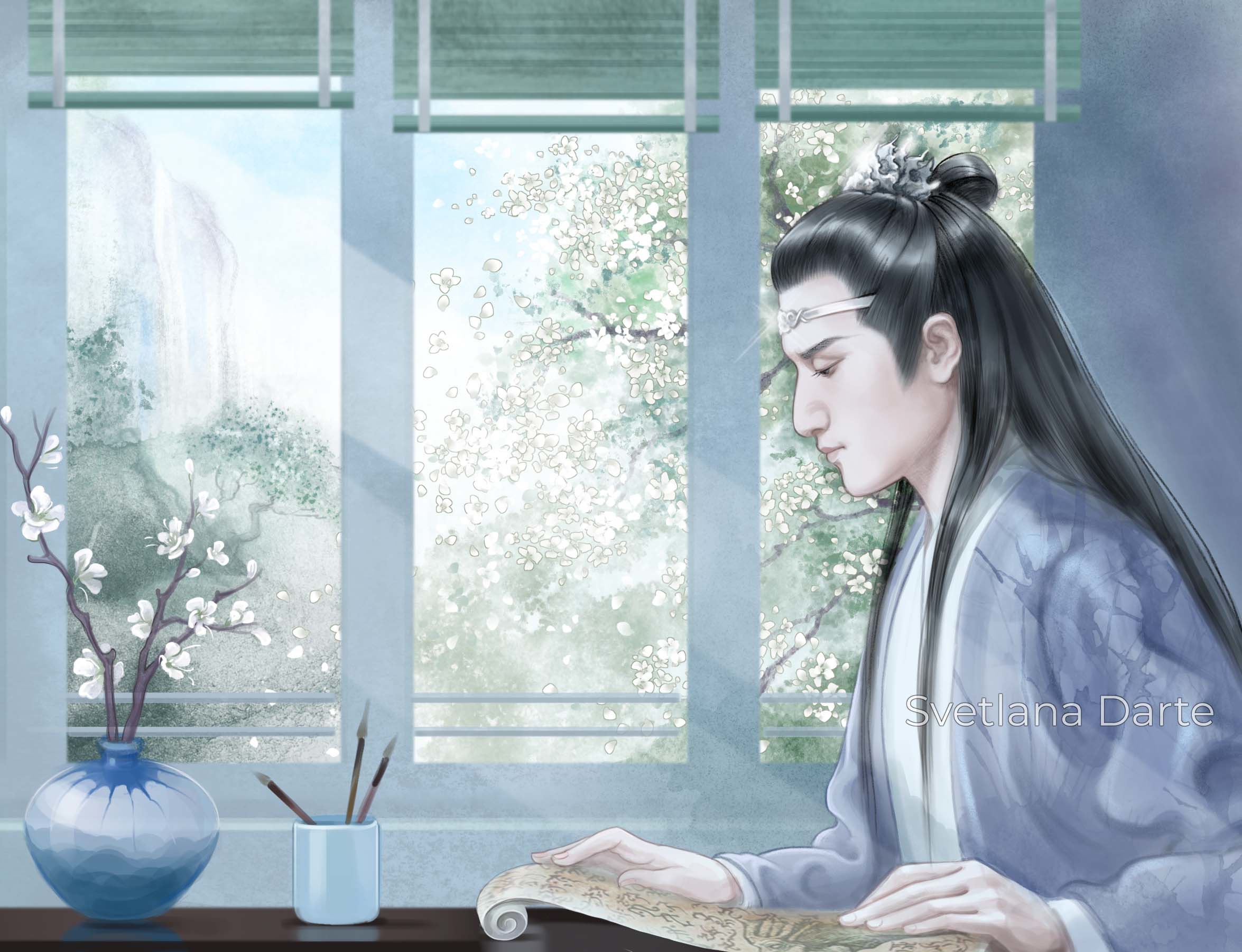 Lan Xichen reading a scroll by a window with blossoms HD Wallpaper