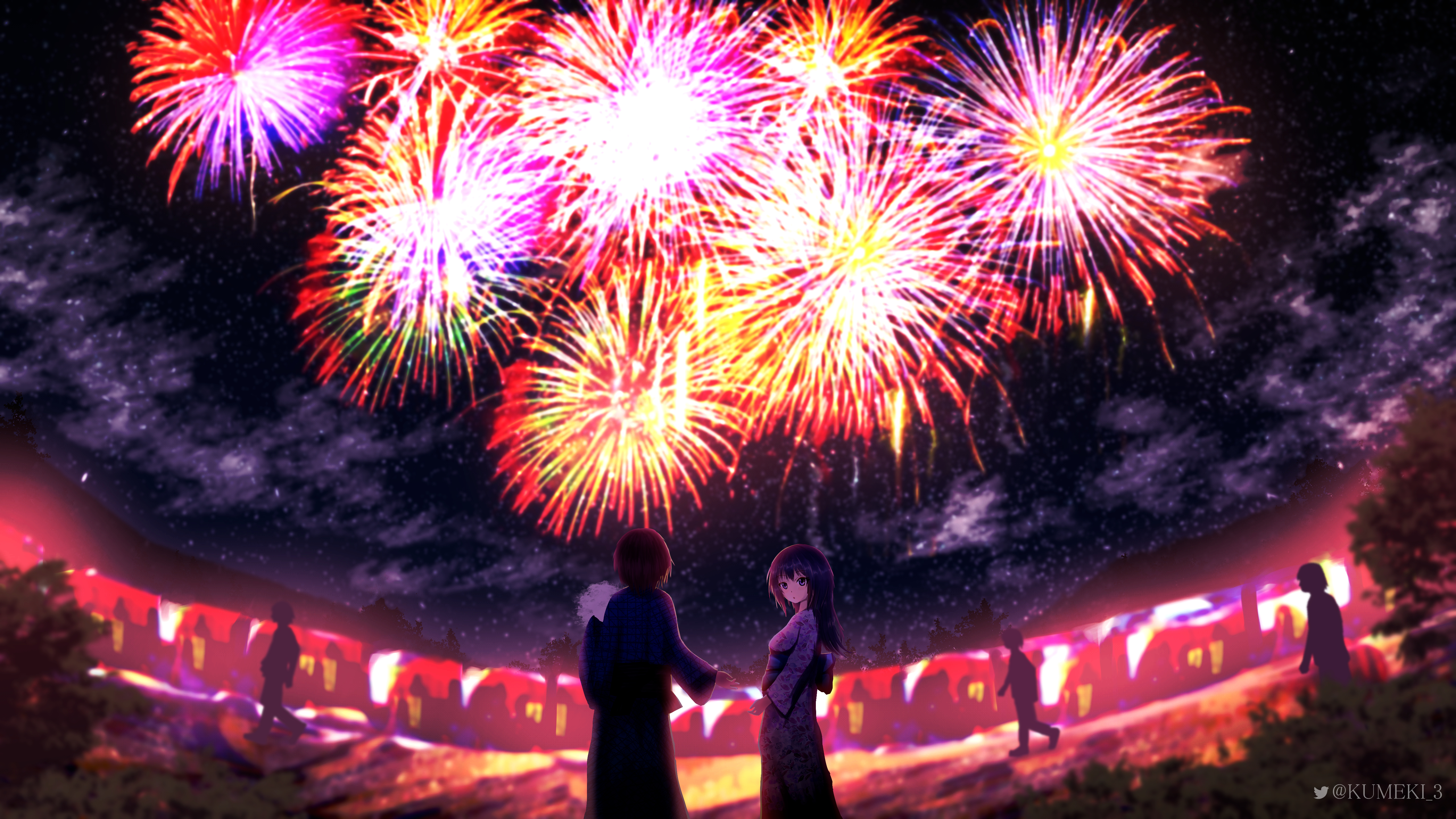 Anime couple at night fireworks festival HD Wallpaper