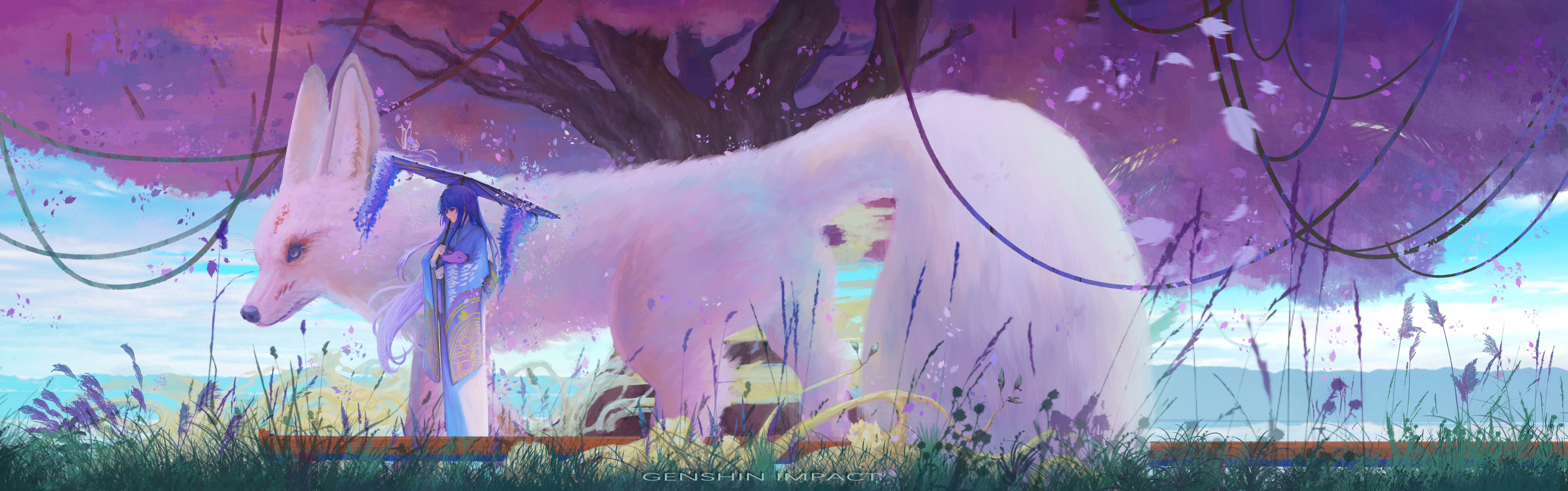 Raiden Makoto and the Kitsune under the purple tree HD Wallpaper