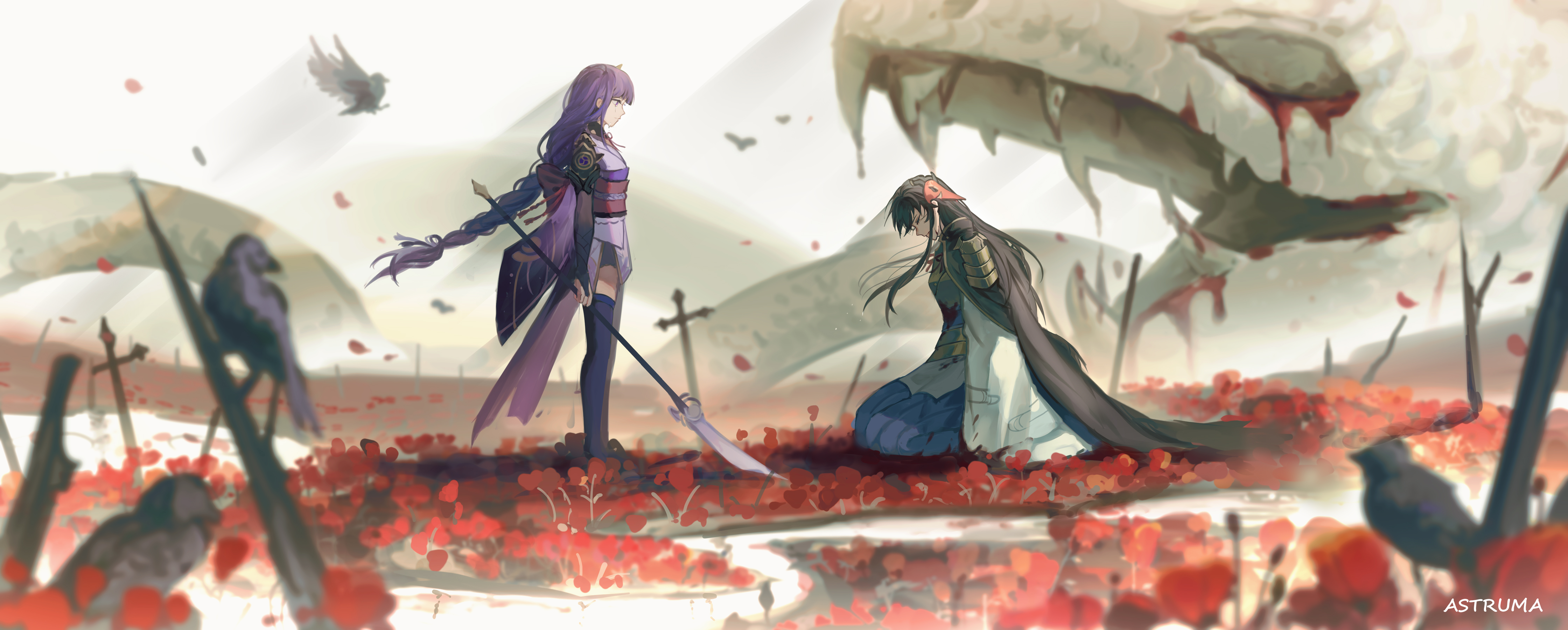 Baal Raiden Shogun and kneeling warrior on a bloody battlefield HD Wallpaper