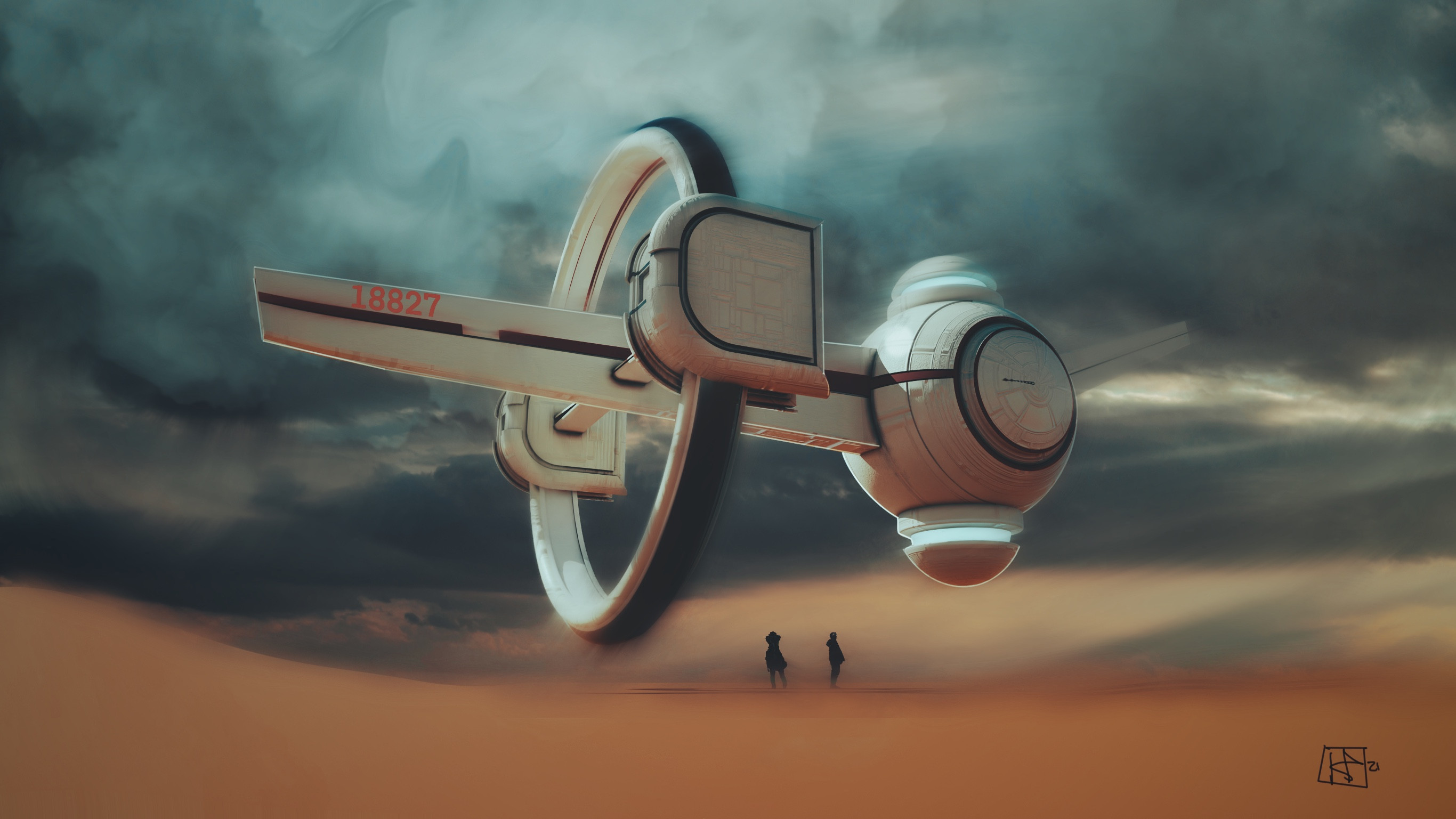 Desert Sightseers and the Hovering Ring Ship HD Wallpaper
