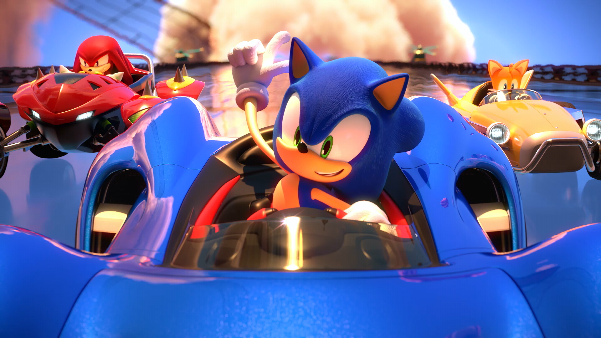 Team Sonic Racing: Sonic, Knuckles, and Tails race HD Wallpaper