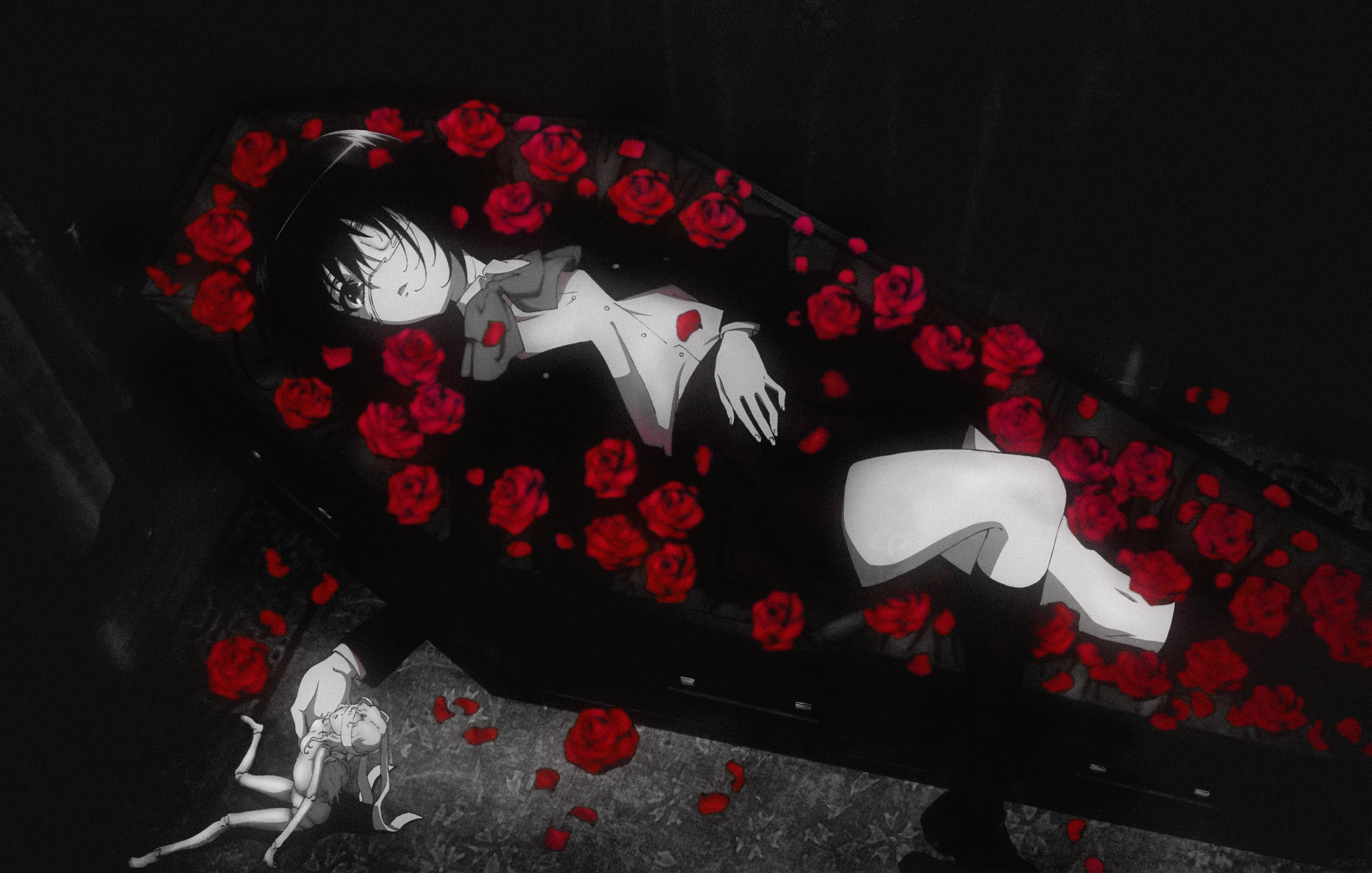Mei Misaki in coffin with red roses and doll HD Wallpaper