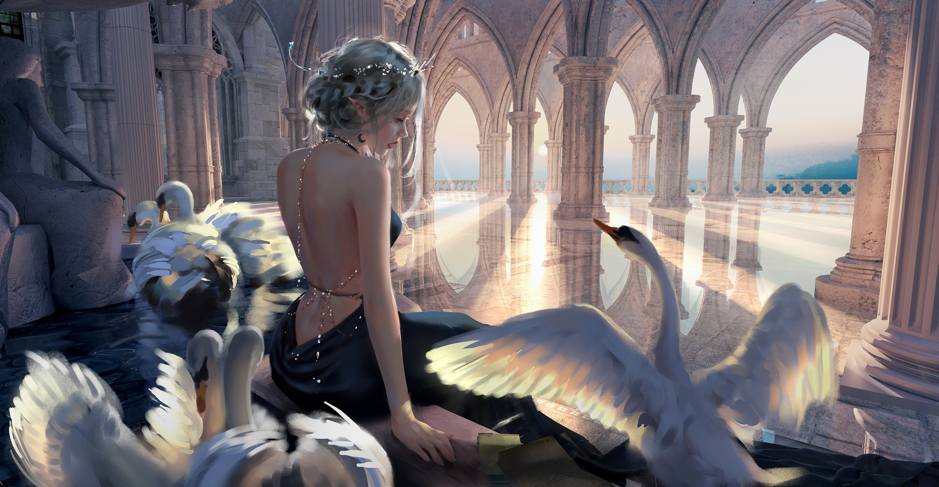 GhostBlade HD: Serene Woman with Swans at Sunrise HD Wallpaper