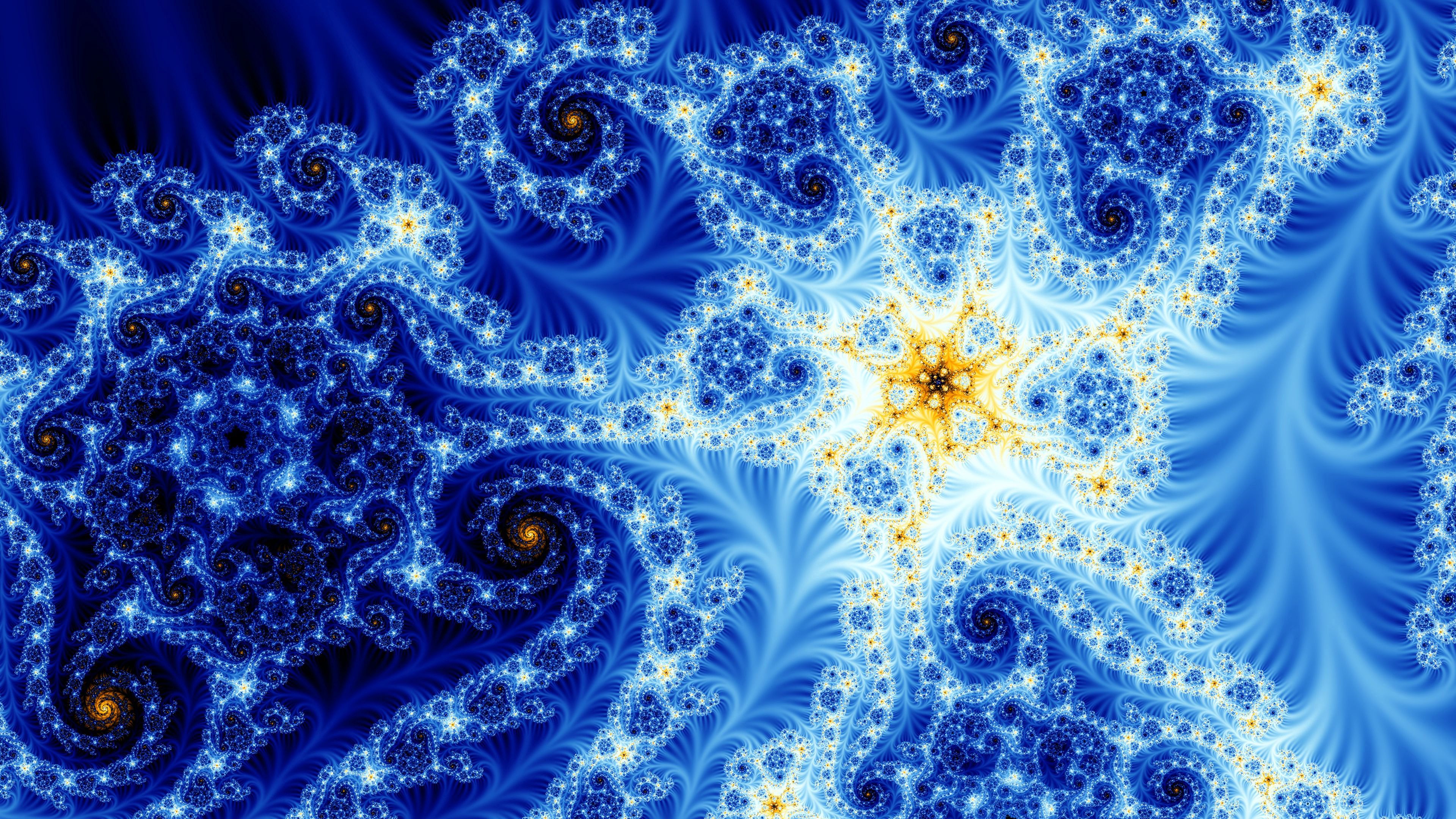 Abstract Blue Fractal with Golden Starburst HD Wallpaper