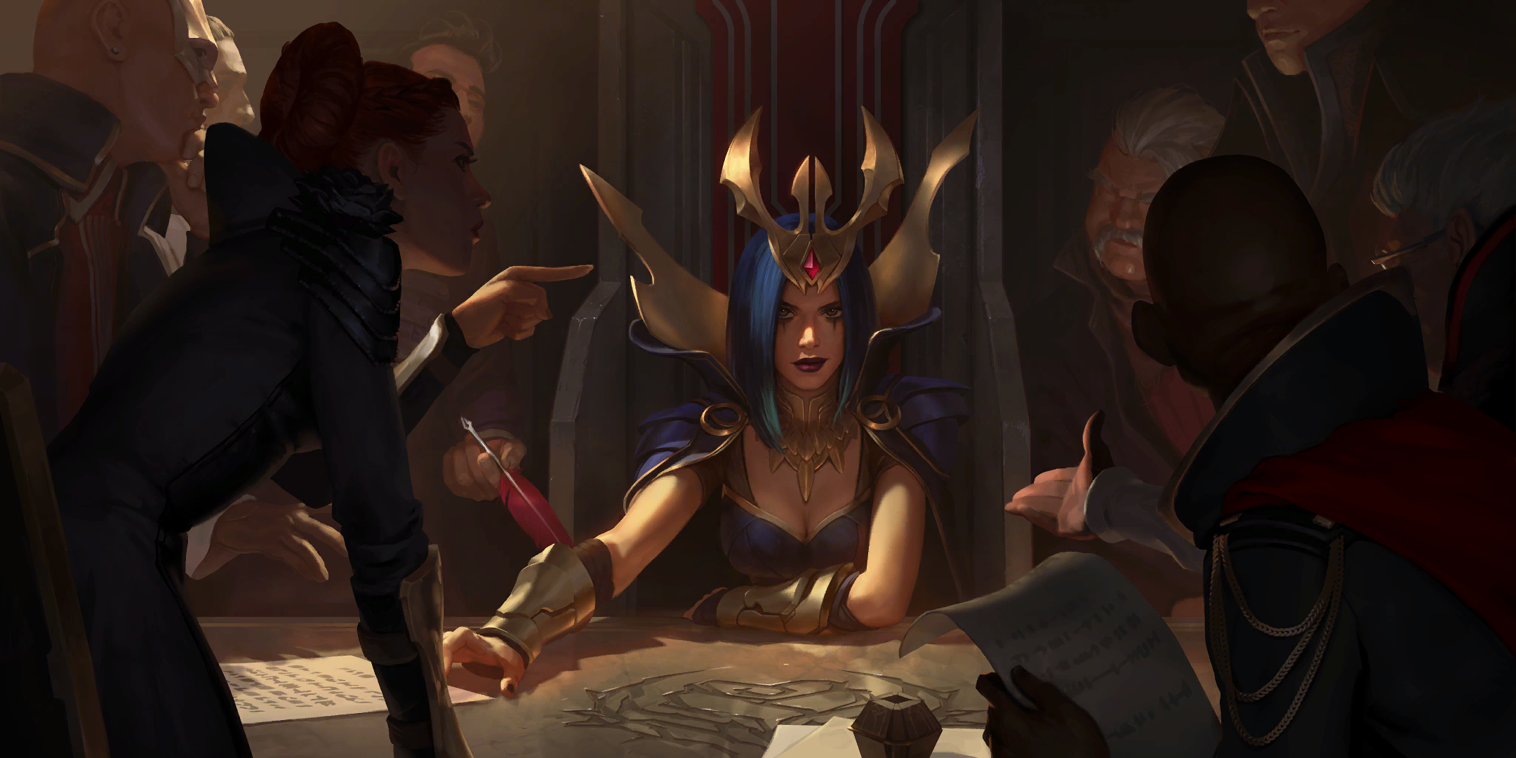 LeBlanc signing a document at a dark council meeting HD Wallpaper