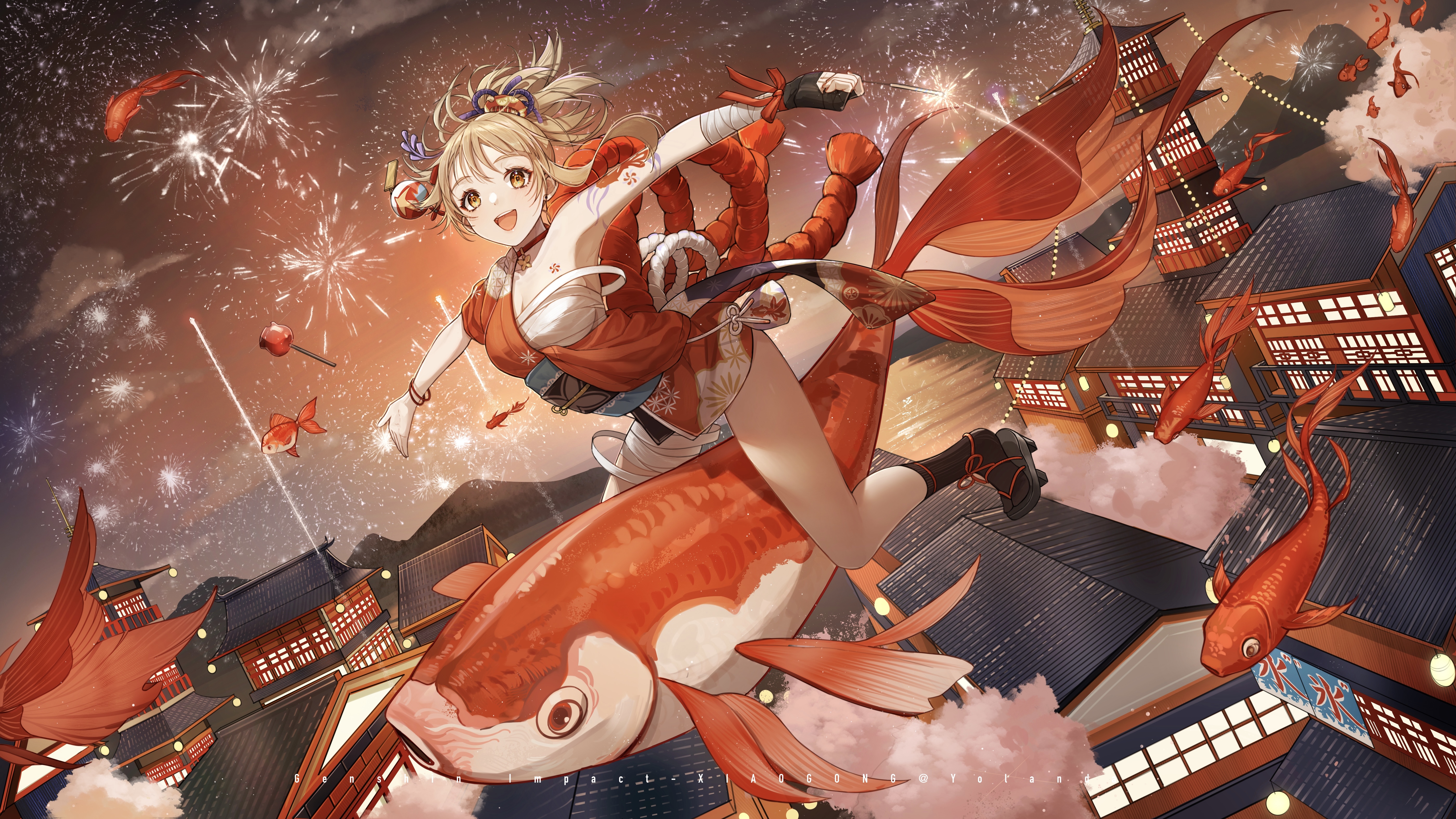 Yoimiya (Genshin Impact) riding a giant koi with fireworks HD Wallpaper