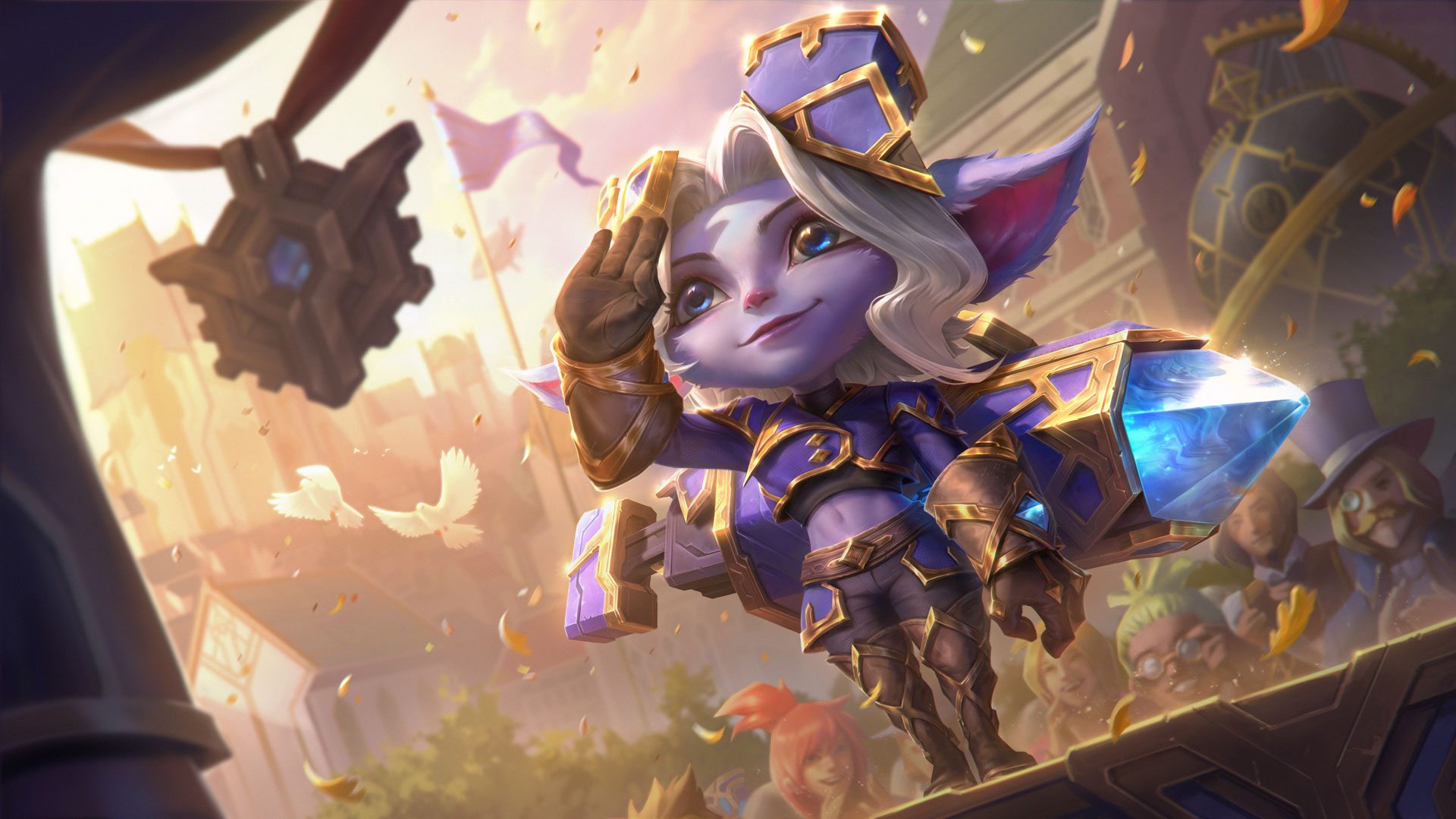 Tristana salutes heroically in a vibrant League of Legends scene HD Wallpaper