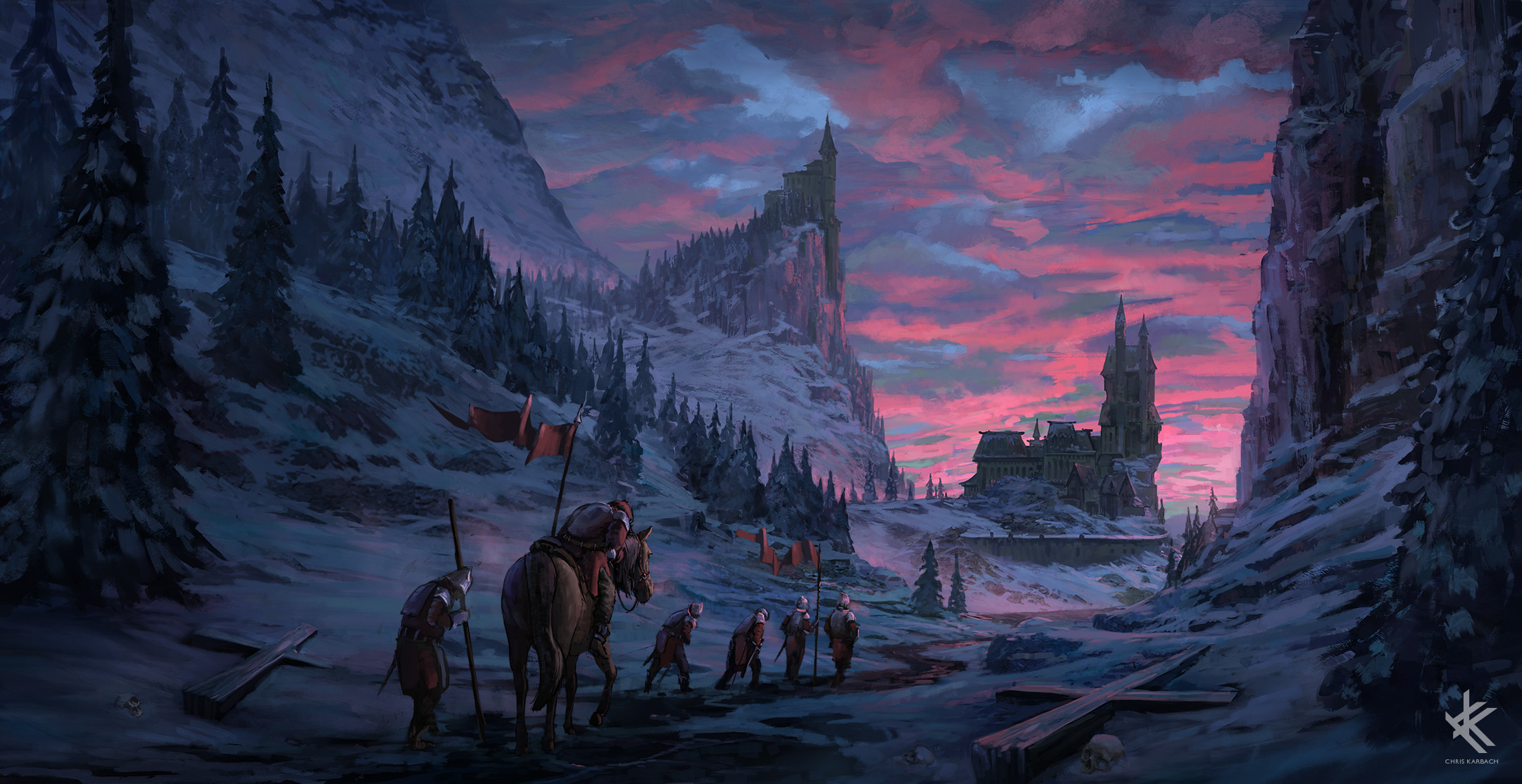 Knights on a long difficult path to a snowy mountain castle HD Wallpaper