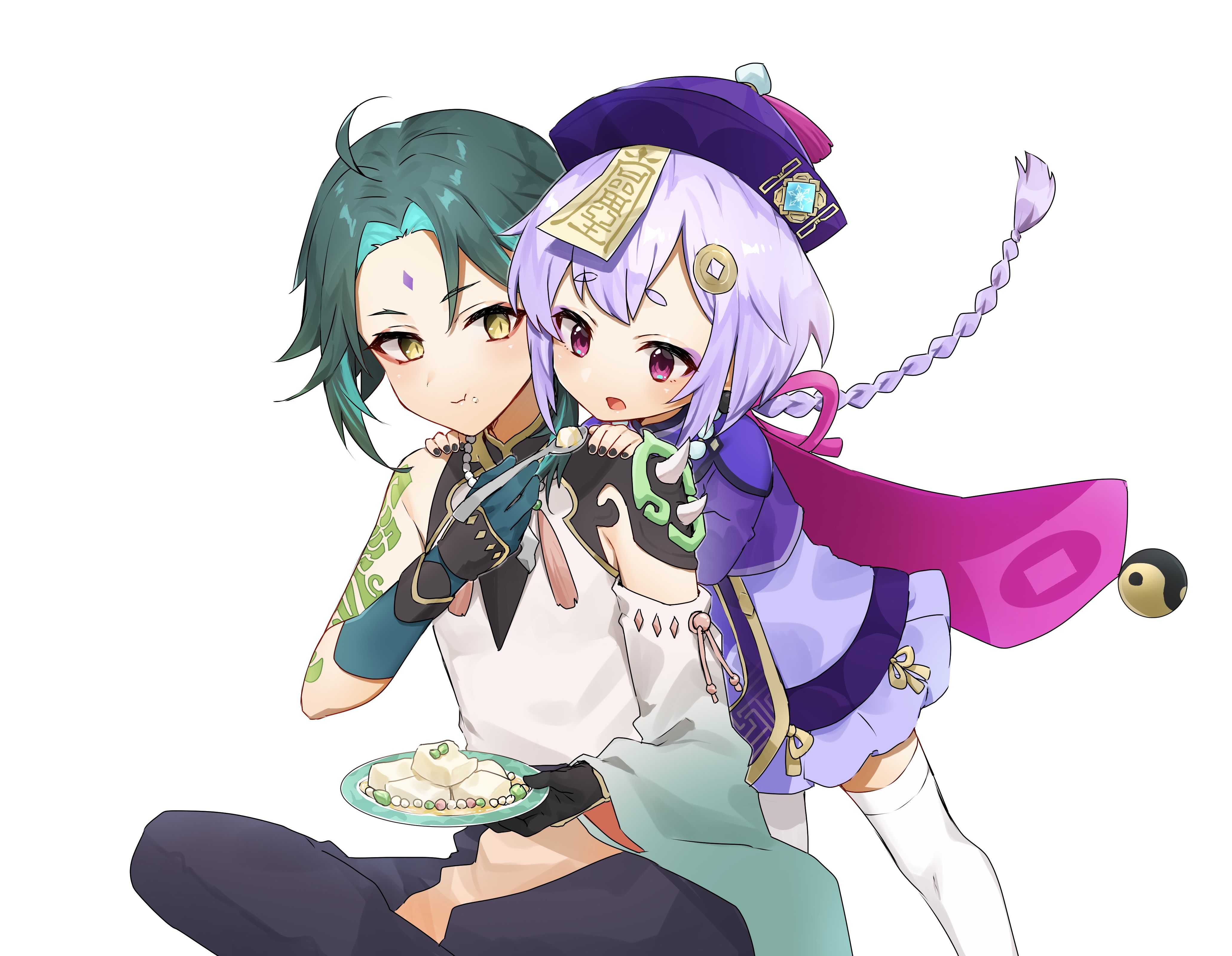 Genshin Impact: Qiqi feeding Xiao almond tofu HD Wallpaper