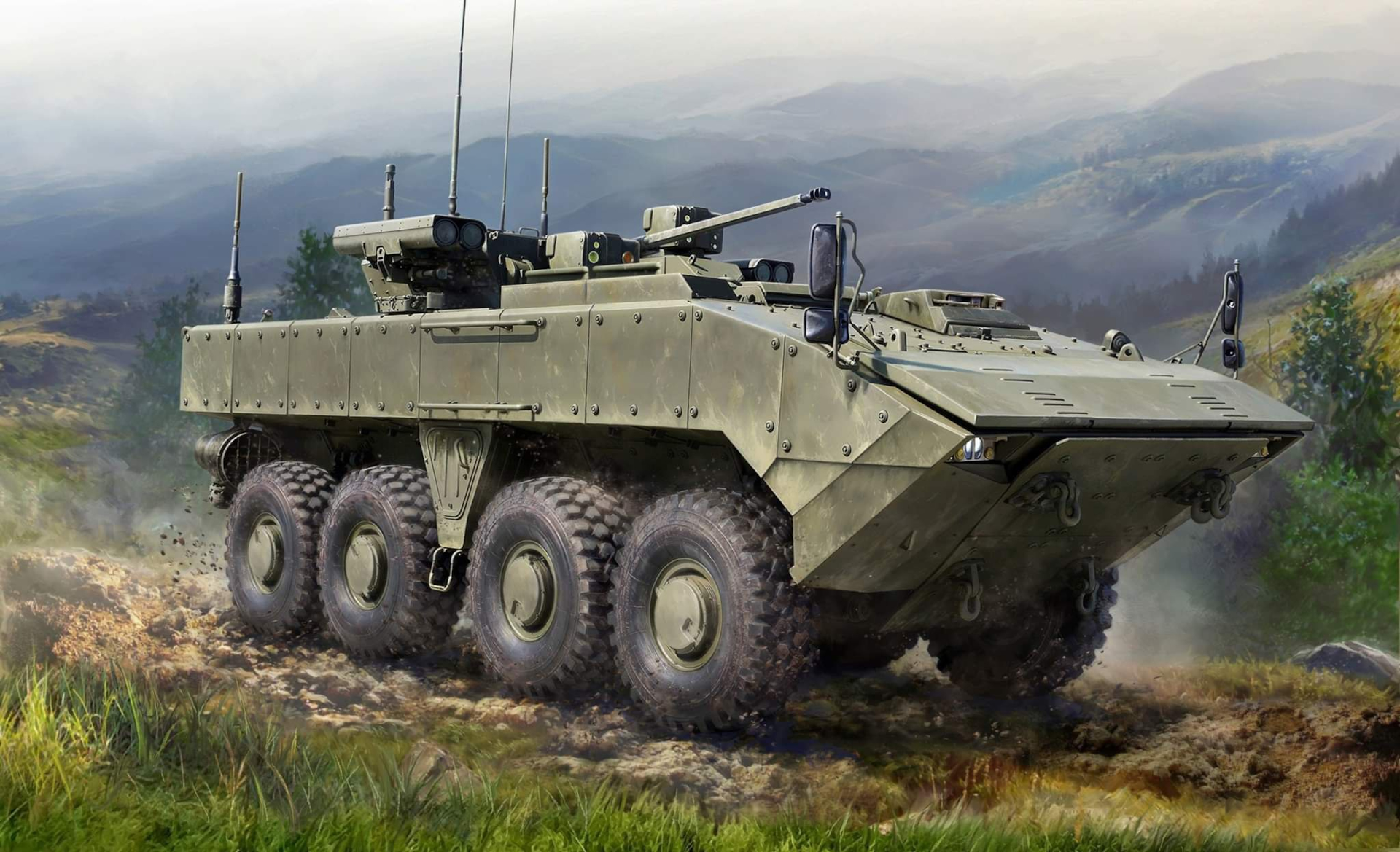 Bumerang-BM armored vehicle in mountainous landscape HD Wallpaper