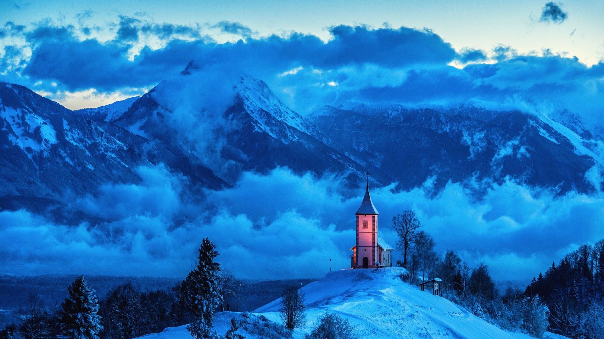 Illuminated Church in Snowy Blue Mountains HD Wallpaper