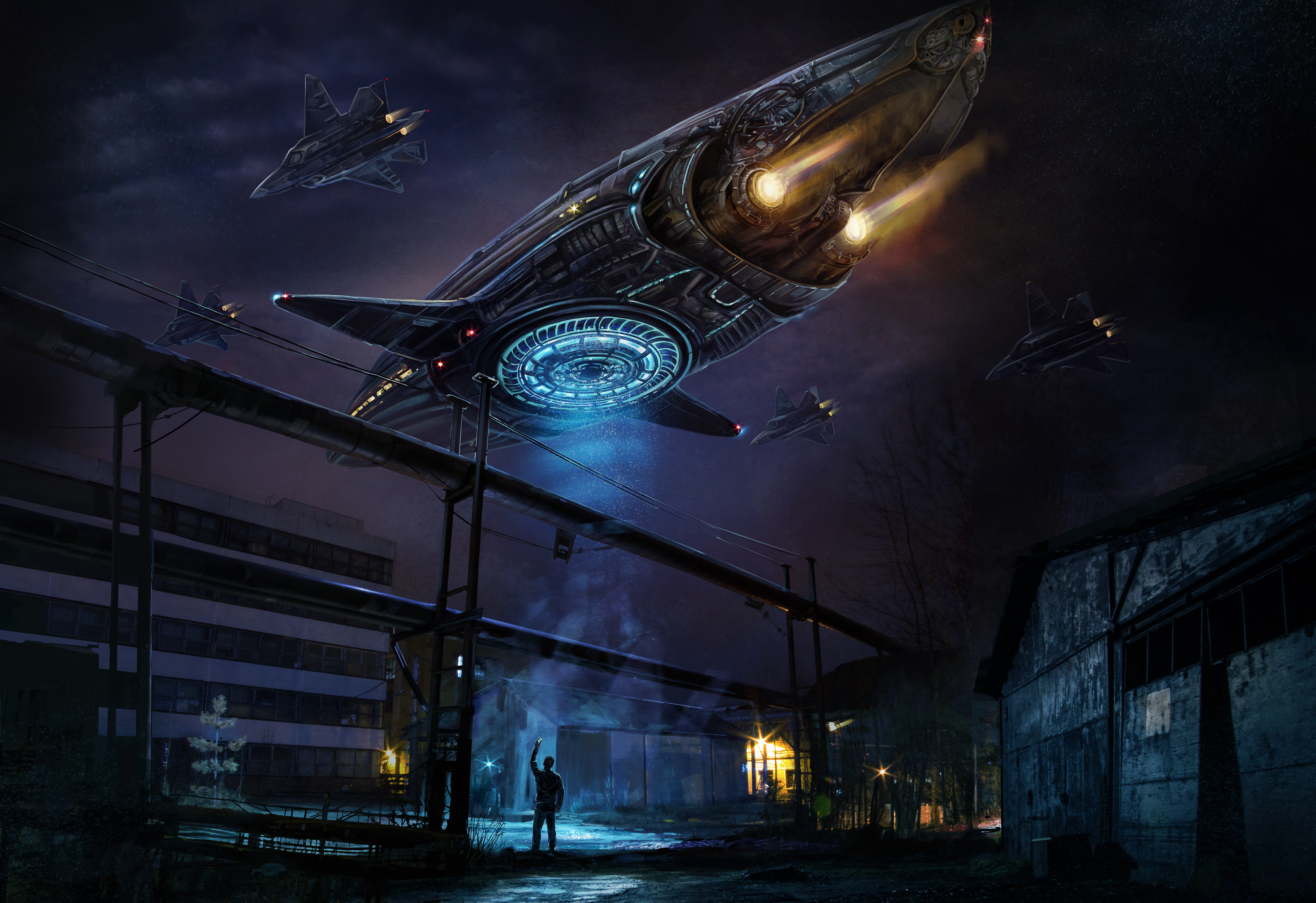 Sci-Fi Spaceship and Fighter Jets over Dark City 4K HD Wallpaper
