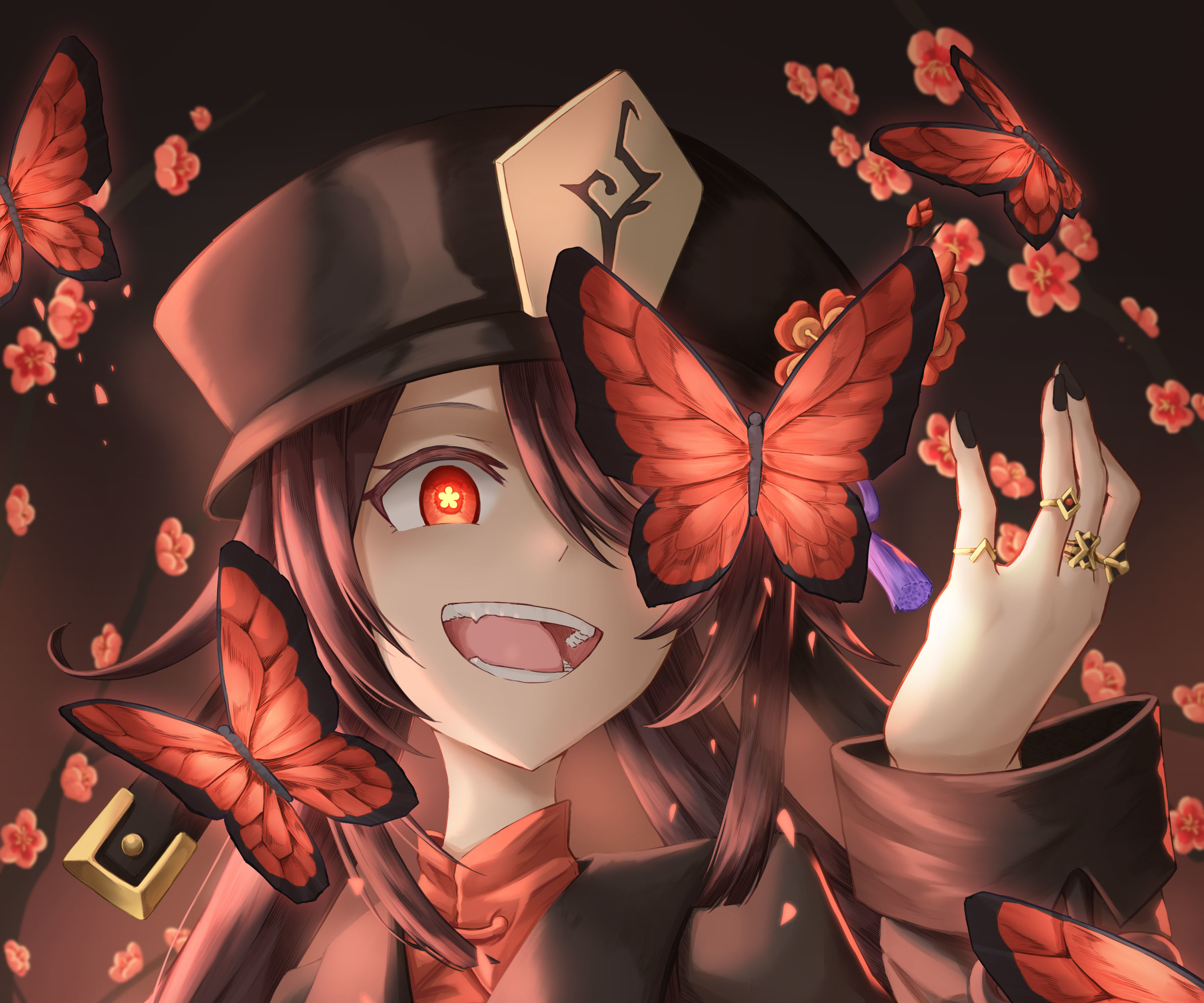 Hu Tao with Red Butterflies and Glowing Eyes HD Wallpaper