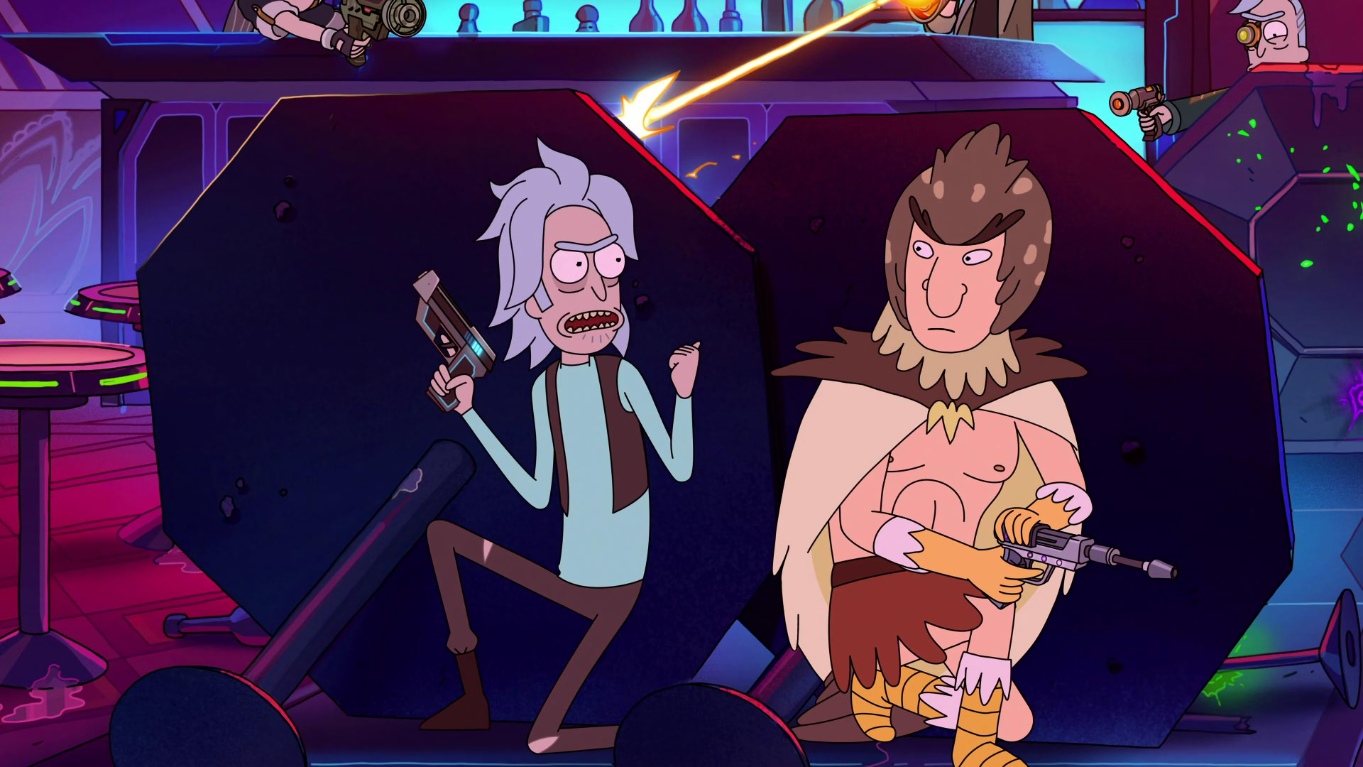 Rick Sanchez and alien in a bar shootout HD Wallpaper