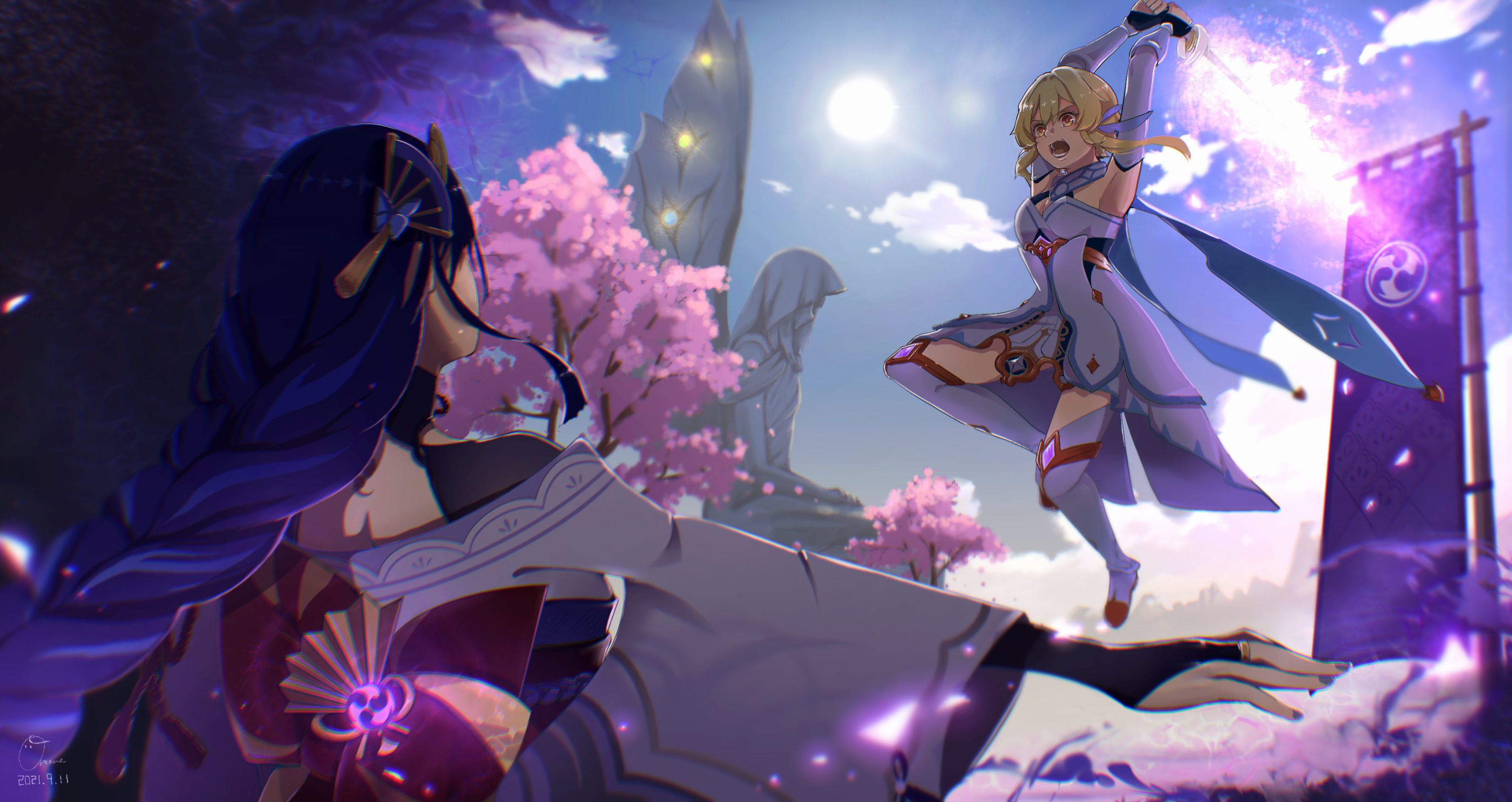 Lumine vs Raiden Shogun Battle in Genshin Impact HD Wallpaper