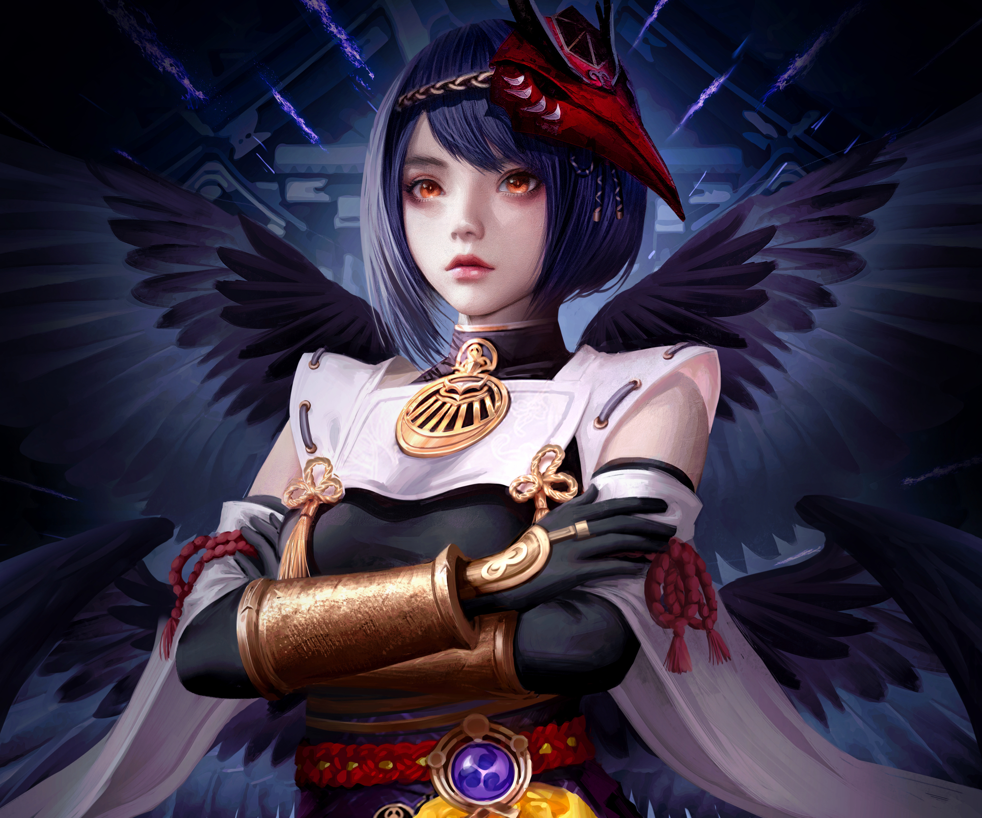 Kujou Sara with Dark Wings and Mask Genshin Impact HD Wallpaper