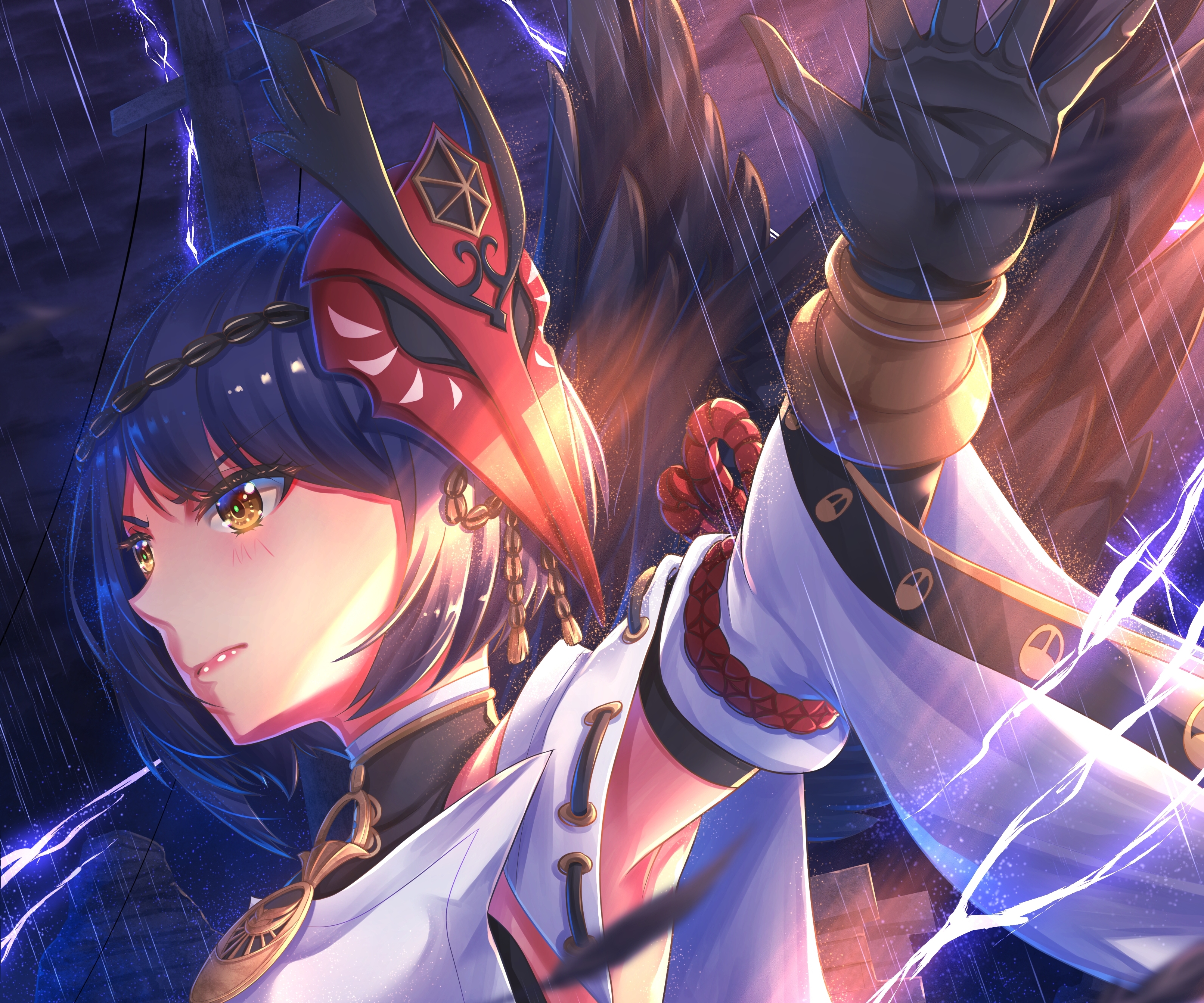 Genshin Impact Kujou Sara in a lightning storm HD Wallpaper