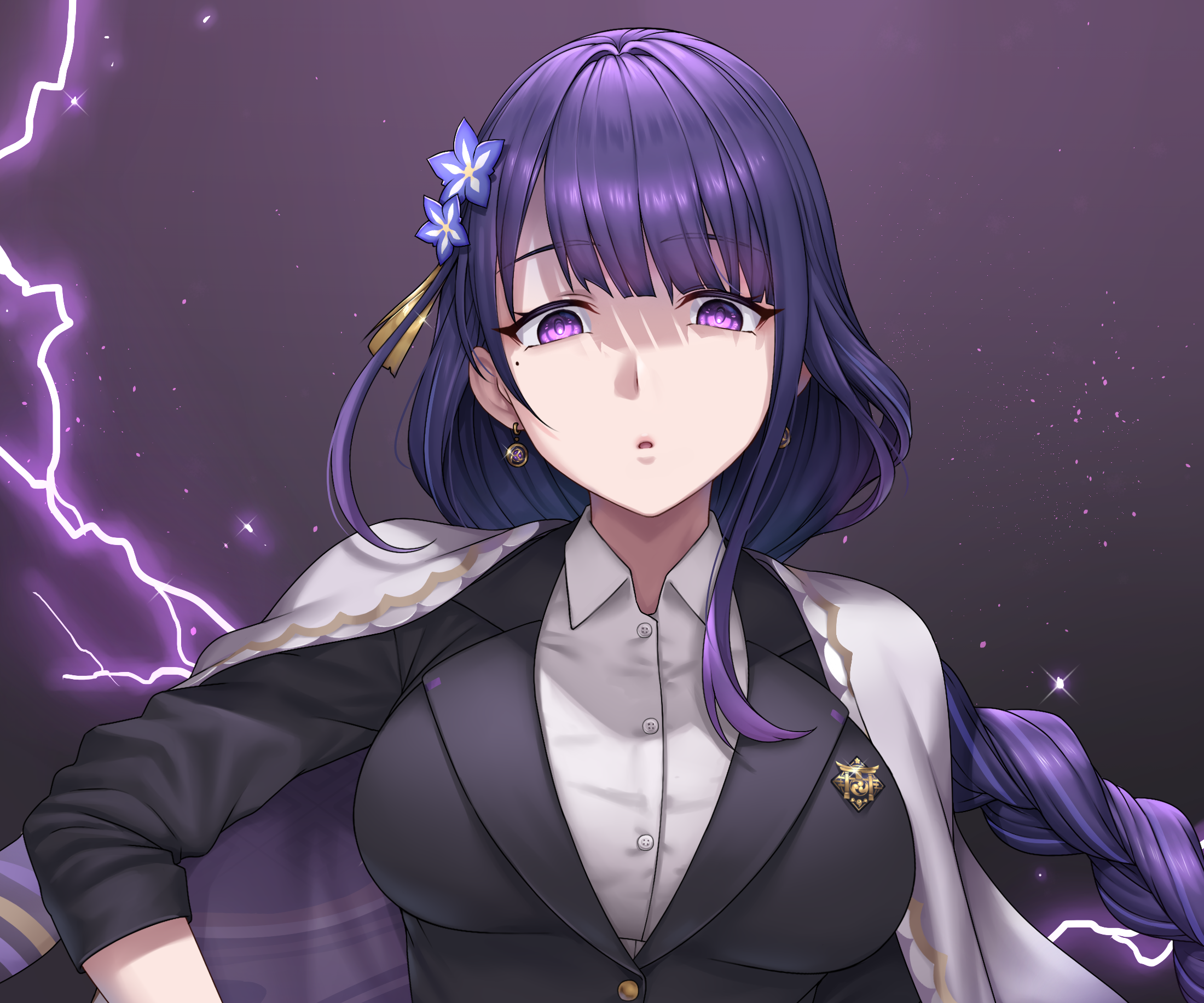 Raiden Shogun (Genshin Impact) in a suit with lightning HD Wallpaper