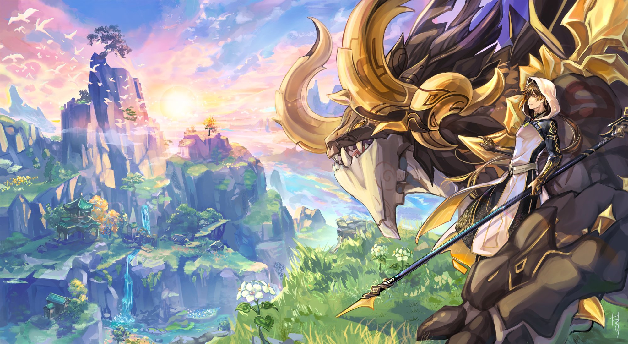 Zhongli and Azhdaha in Beautiful Liyue Landscape HD Wallpaper