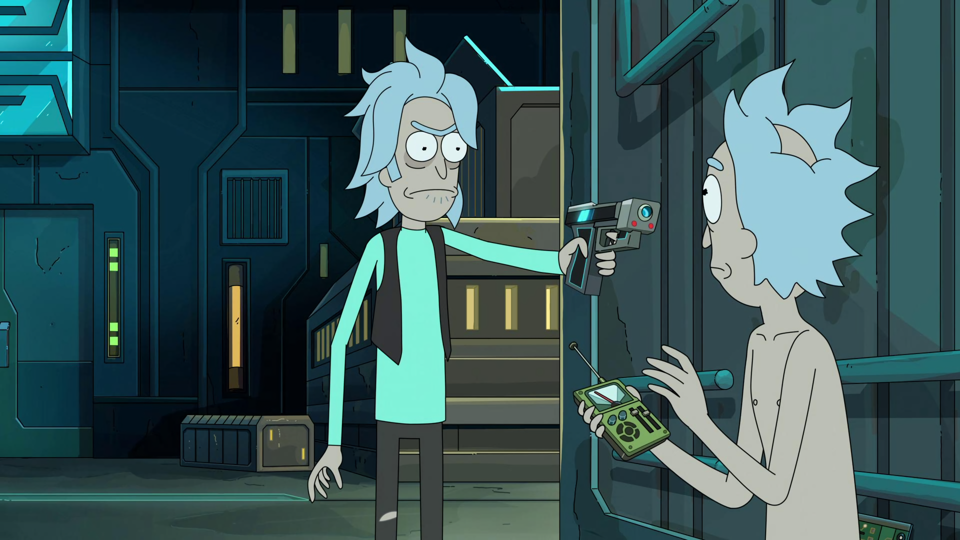 Rick Sanchez aiming gun at alternate Rick HD Wallpaper