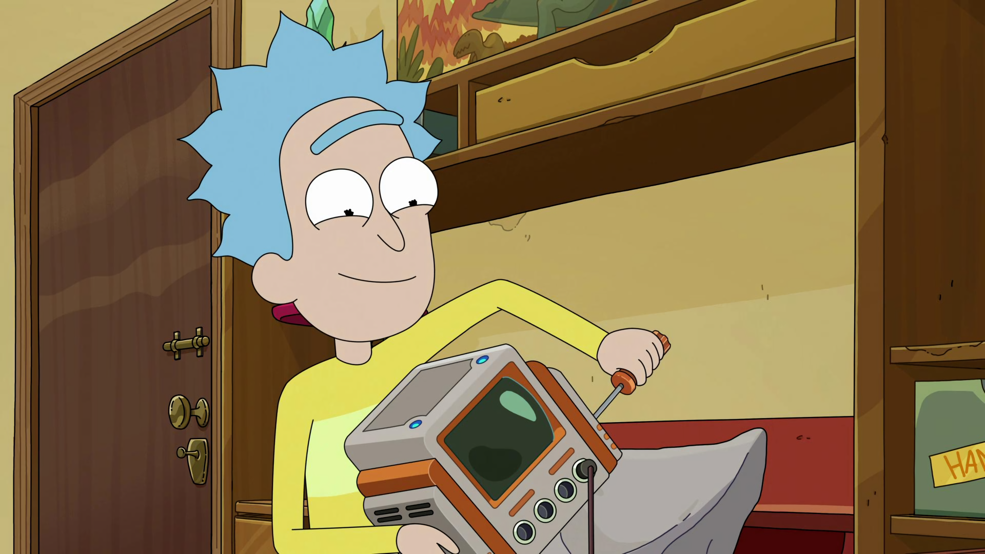 Rick Sanchez smiling while fixing a gadget HD Wallpaper