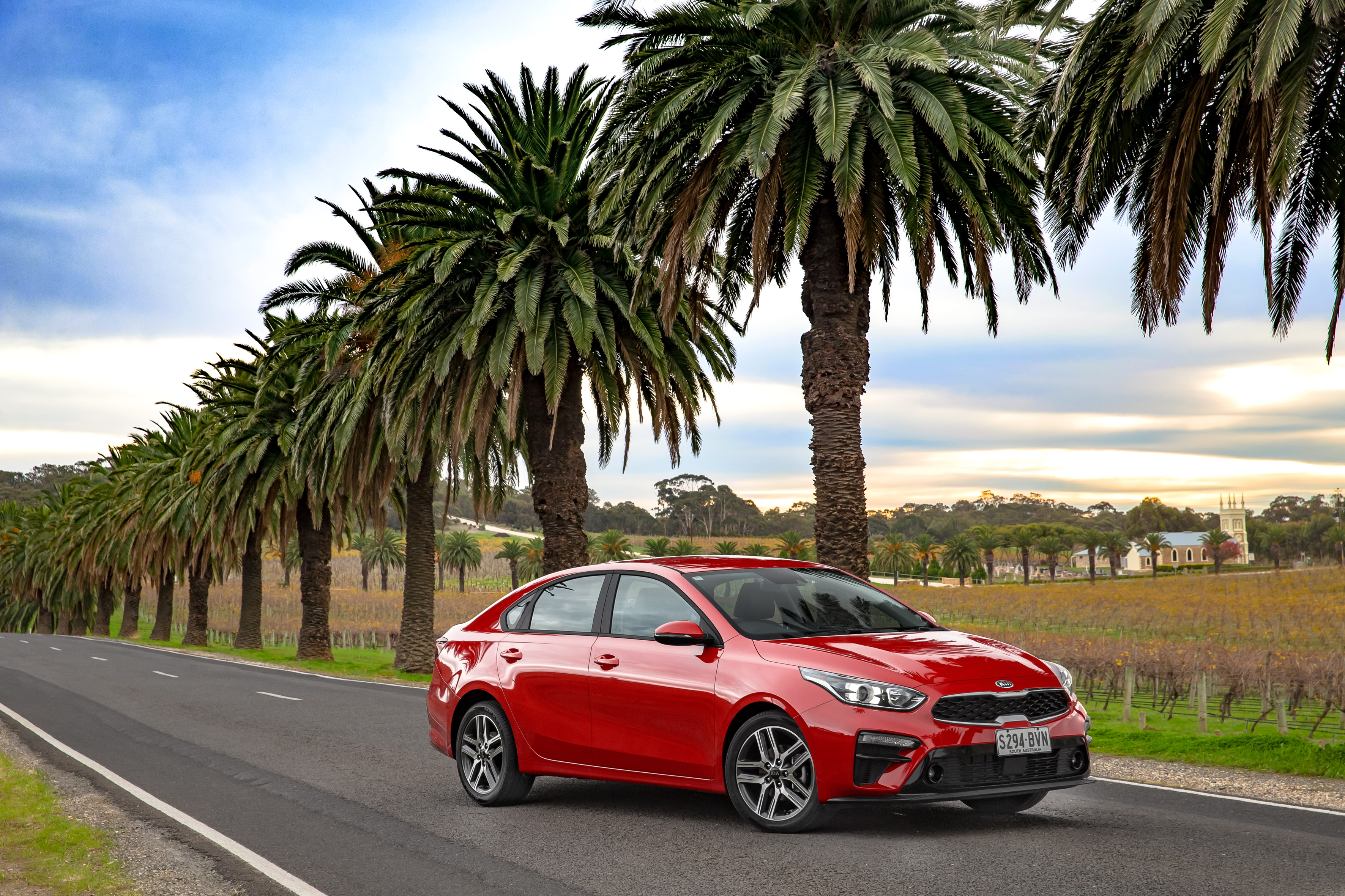 Red Kia Cerato Sport Plus by palm trees and vineyard HD Wallpaper