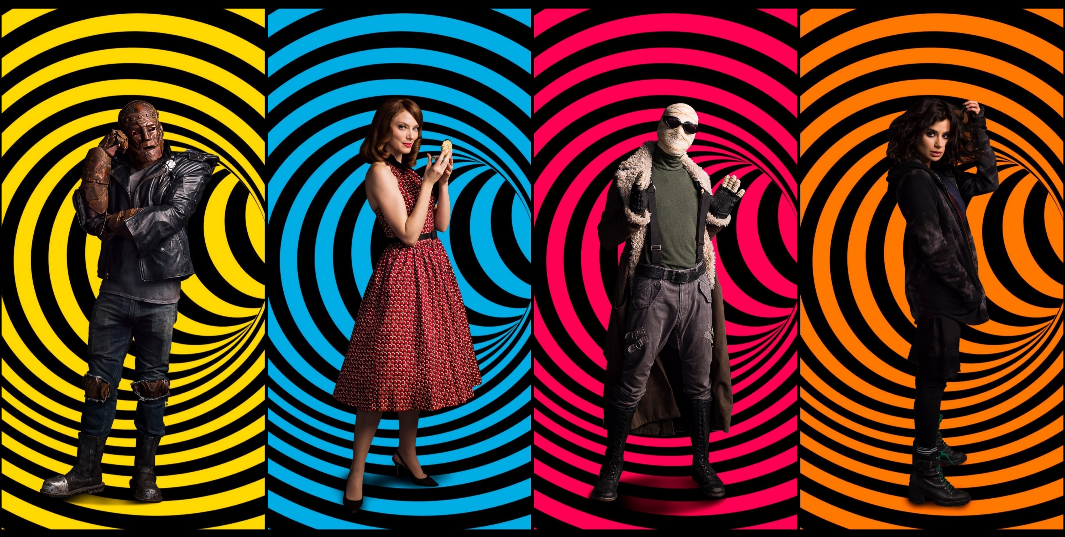 Doom Patrol characters against colorful swirling backgrounds HD Wallpaper