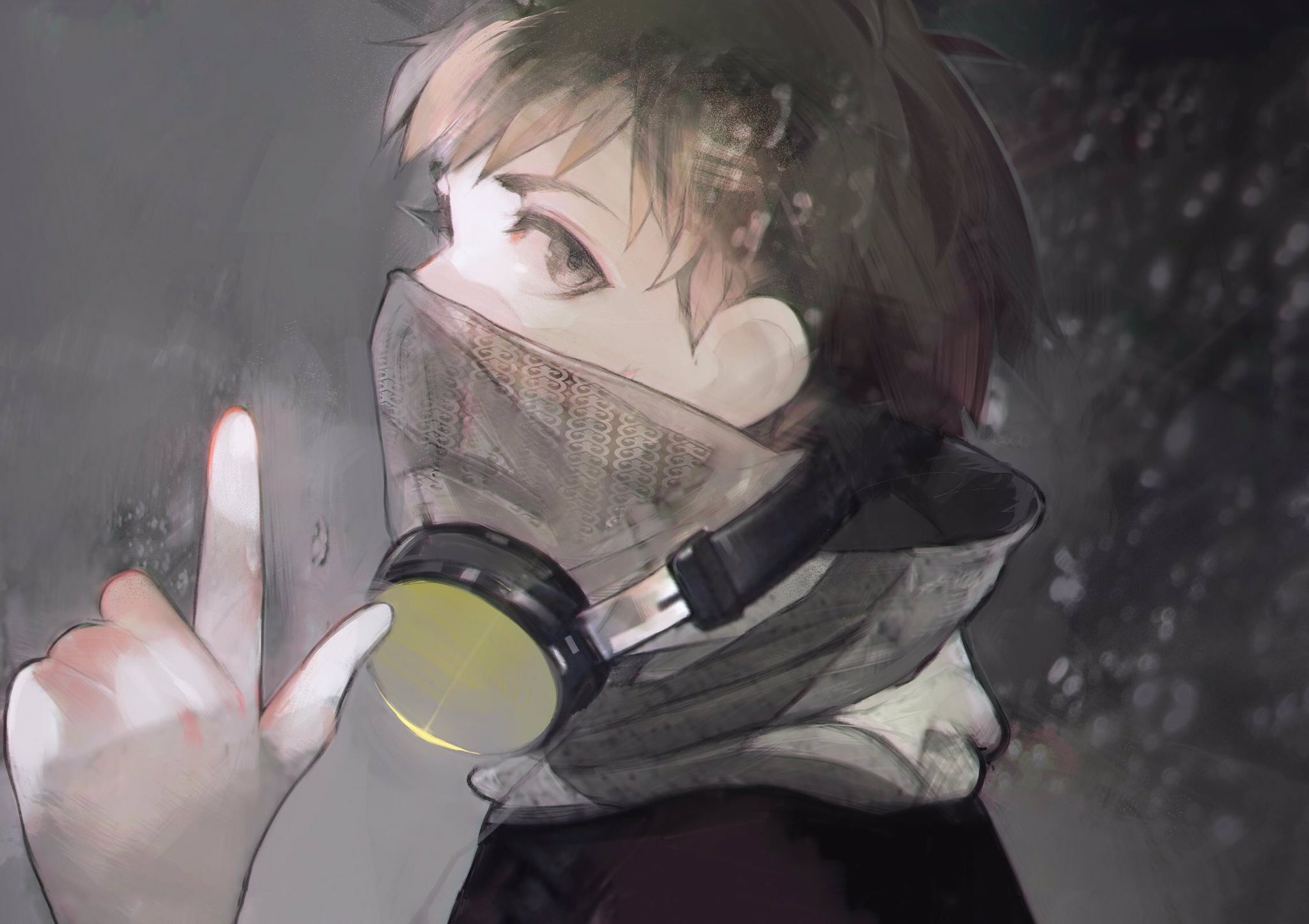 Hideyoshi Nagachika with mask, glowing headphones, finger raised HD Wallpaper