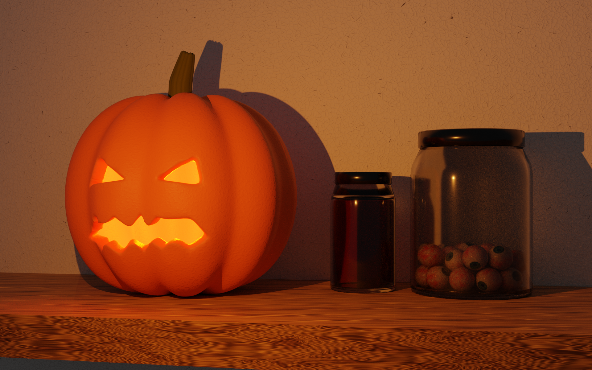 Creepy Halloween Pumpkin with Eyeball Jars HD Wallpaper