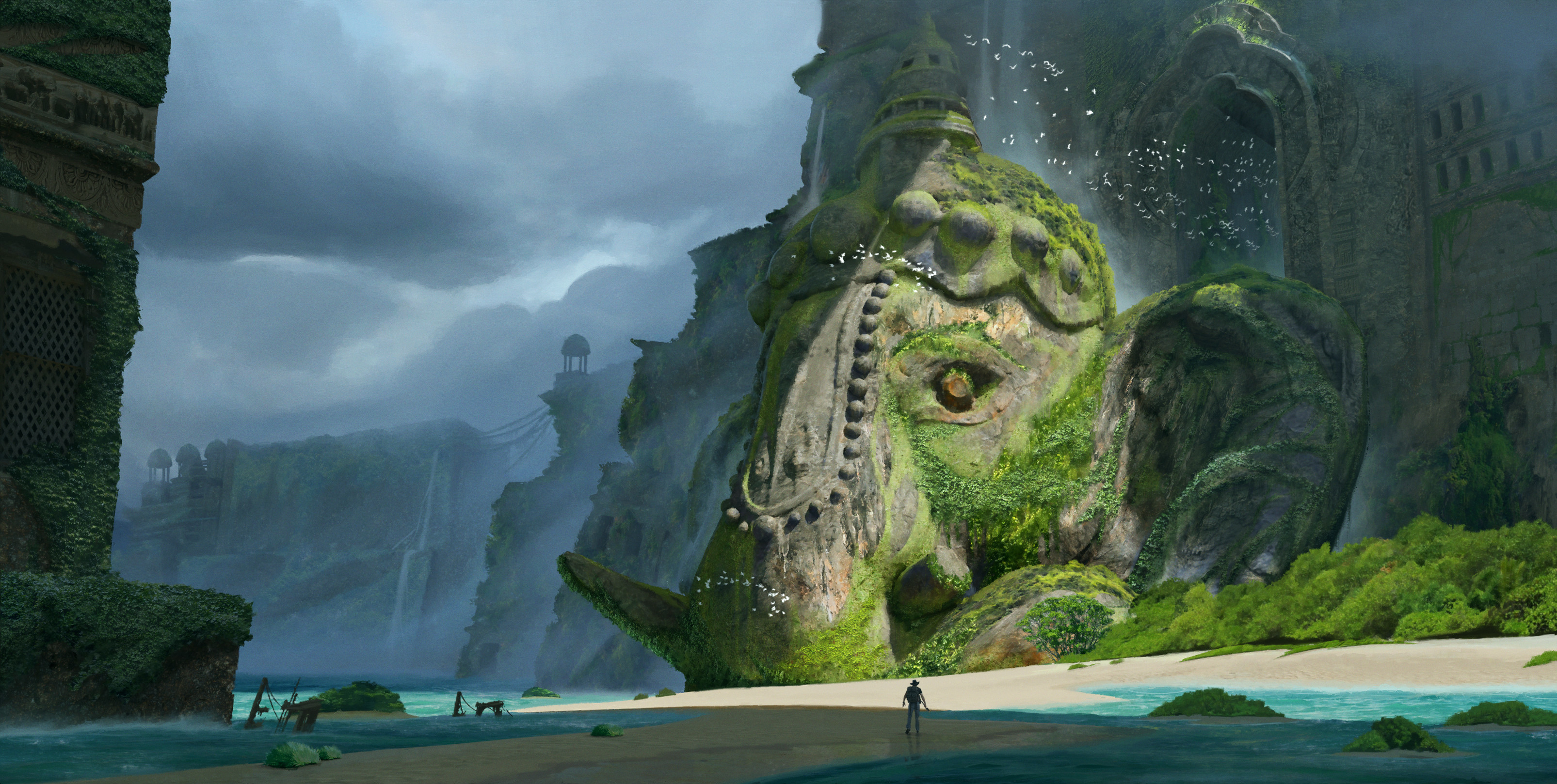 Colossal Ganesh Statue in Overgrown Ancient Ruins HD Wallpaper