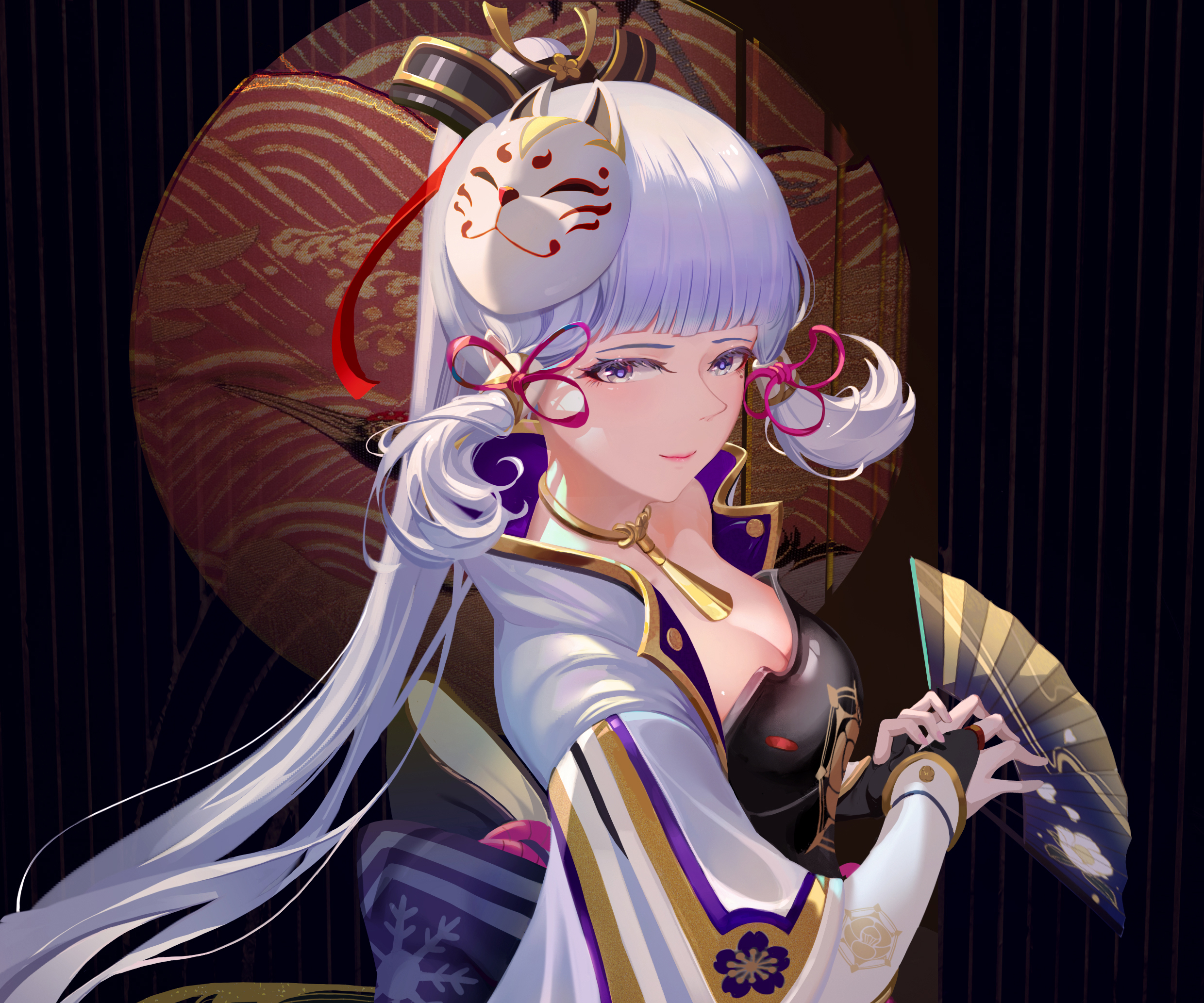 Elegant Kamisato Ayaka with Fox Mask and Fan HD Wallpaper