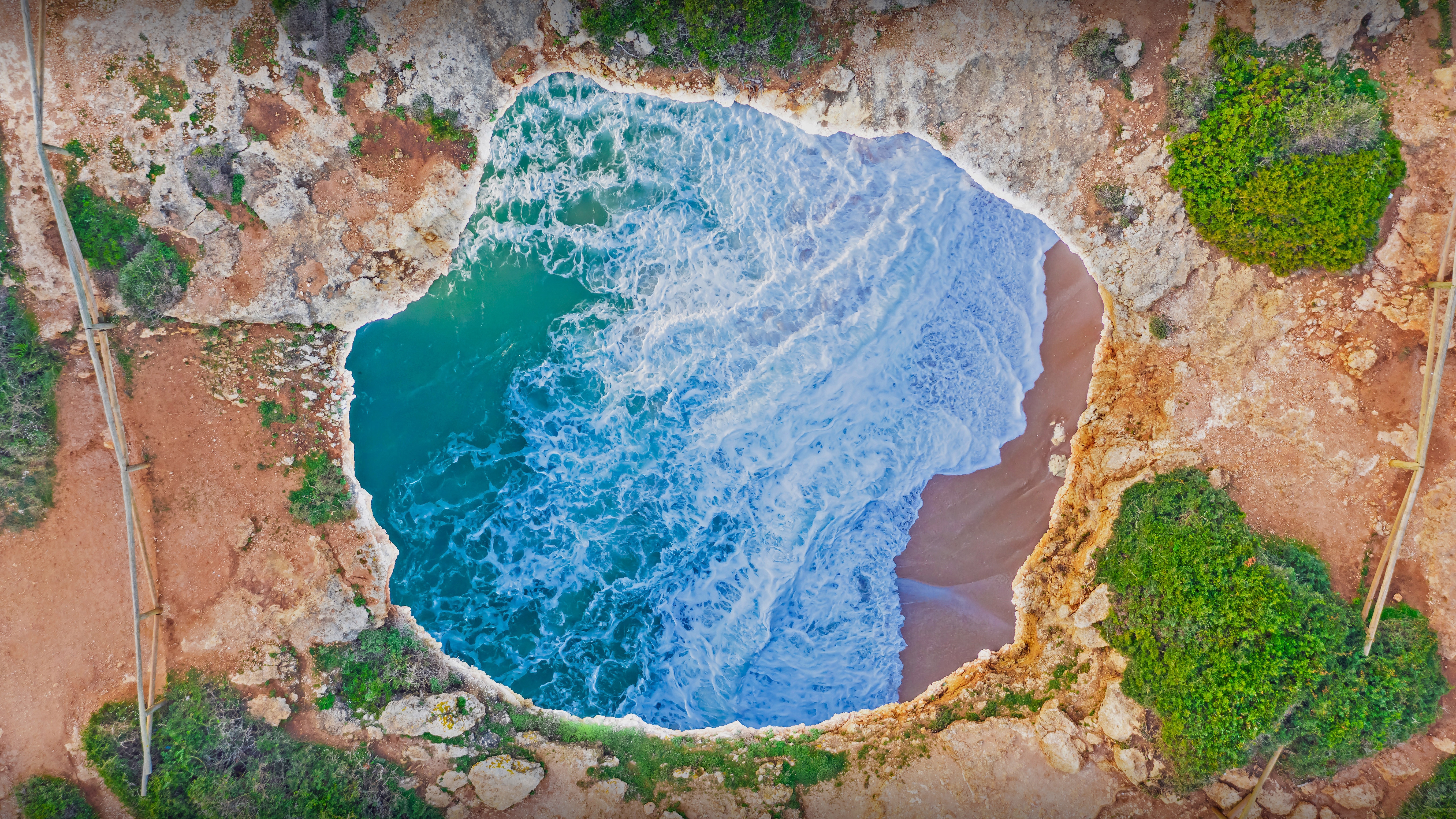 Aerial view of Benagil Cave beach in Portugal HD Wallpaper