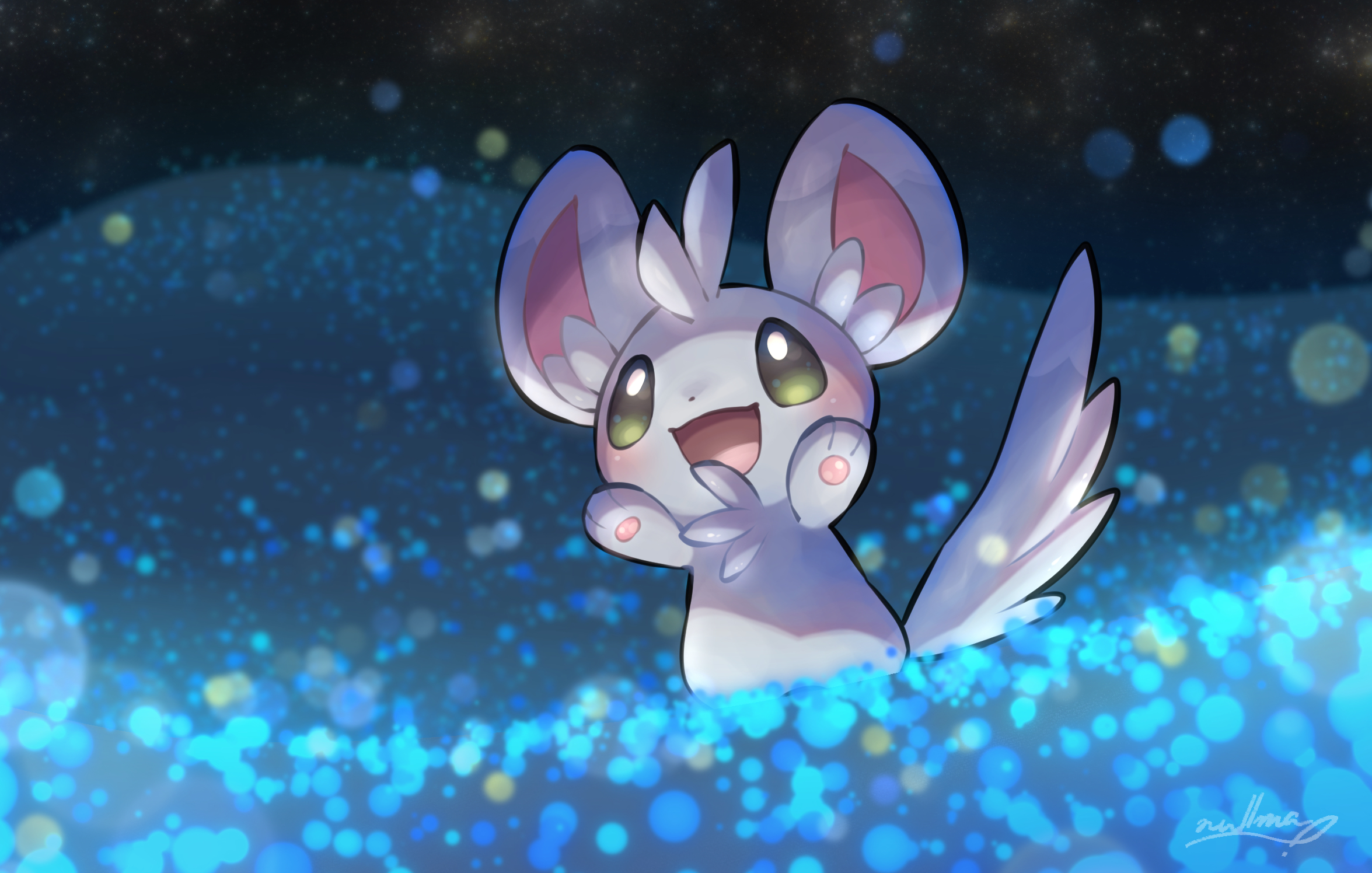 Cute Minccino in a sparkling blue world HD Wallpaper