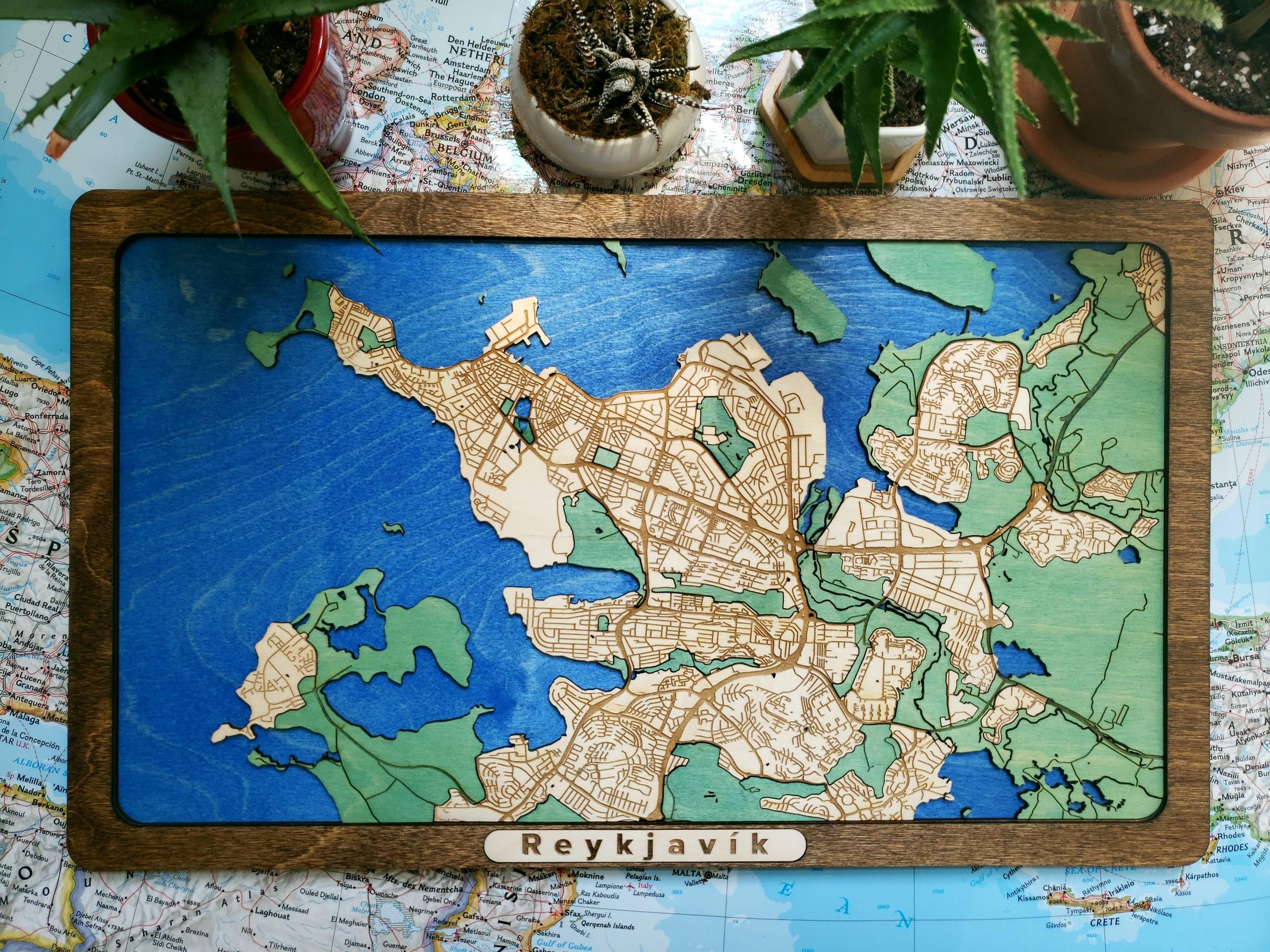 Detailed Wooden Map of Reykjavík HD Wallpaper