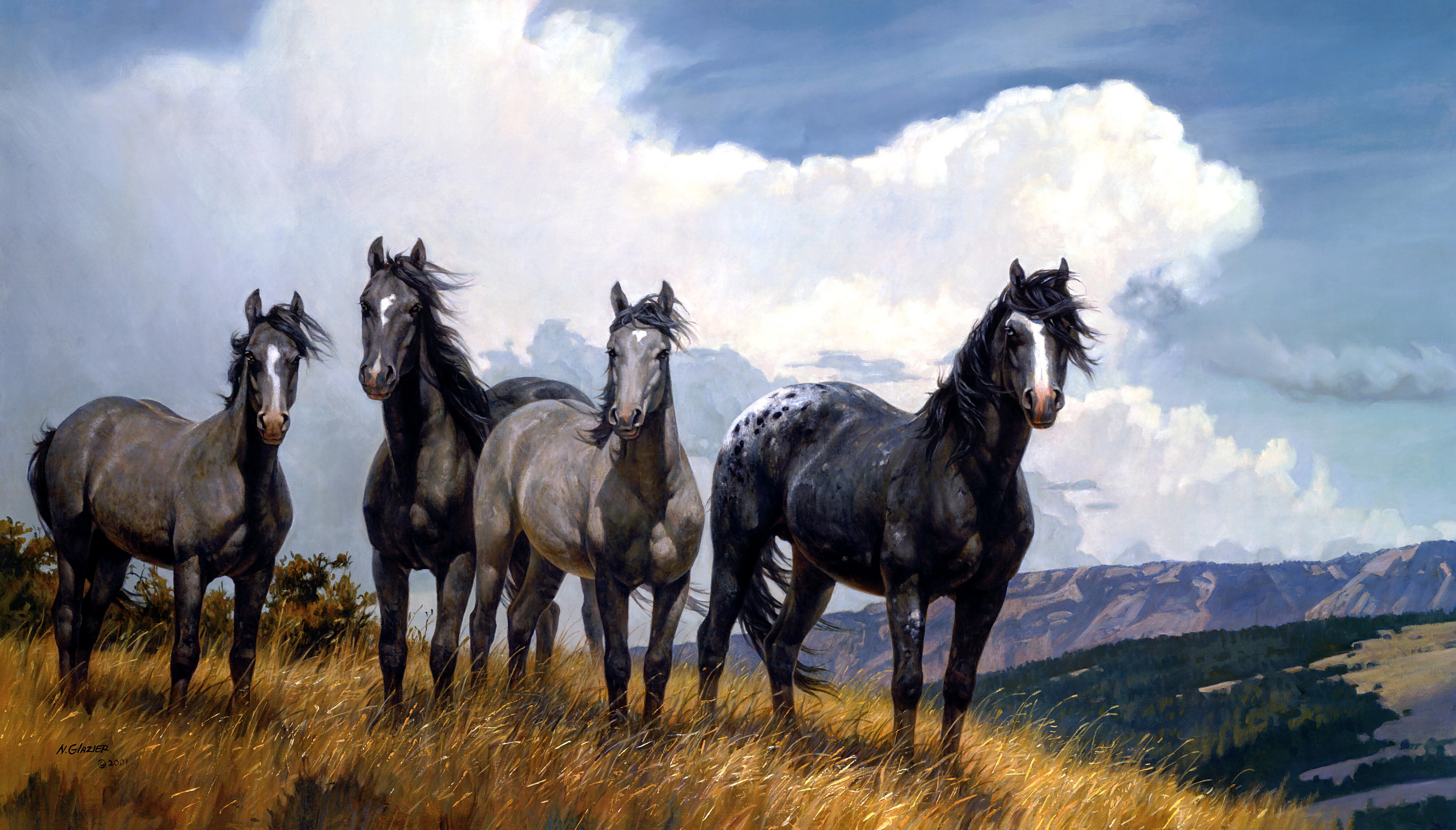Four Wild Horses on a Hillside Painting 4K HD Wallpaper