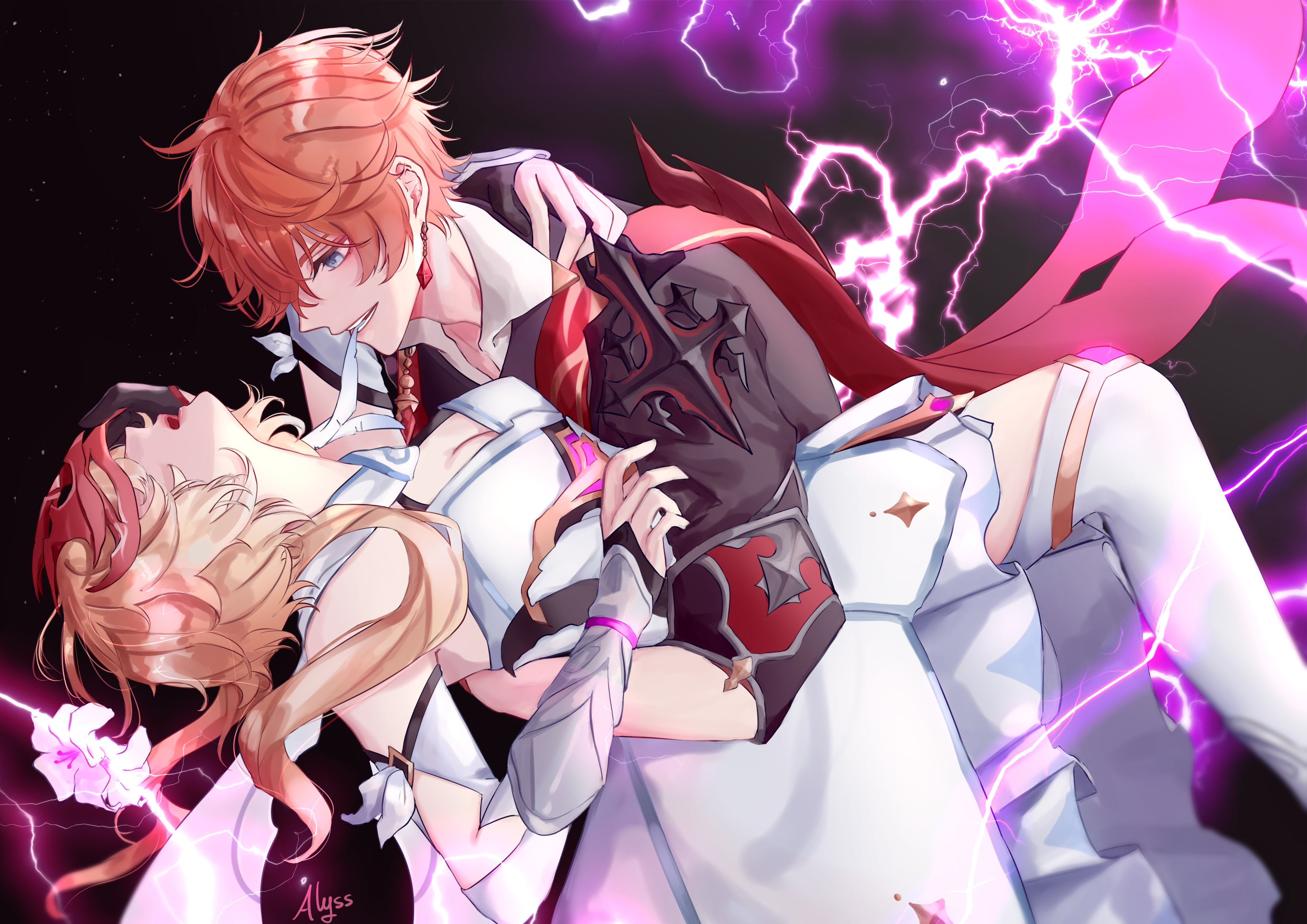 Genshin Impact: Tartaglia and Lumine's electrifying confrontation HD Wallpaper