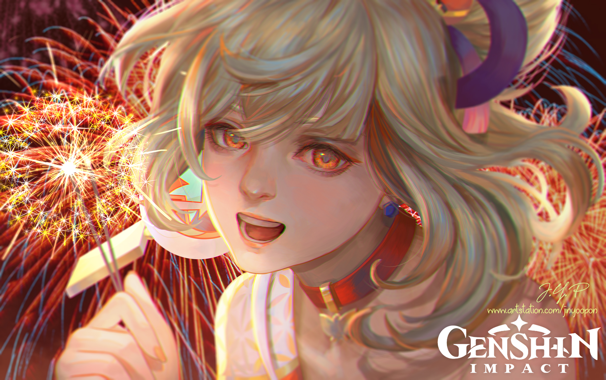 Genshin Impact Yoimiya with bright fireworks HD Wallpaper