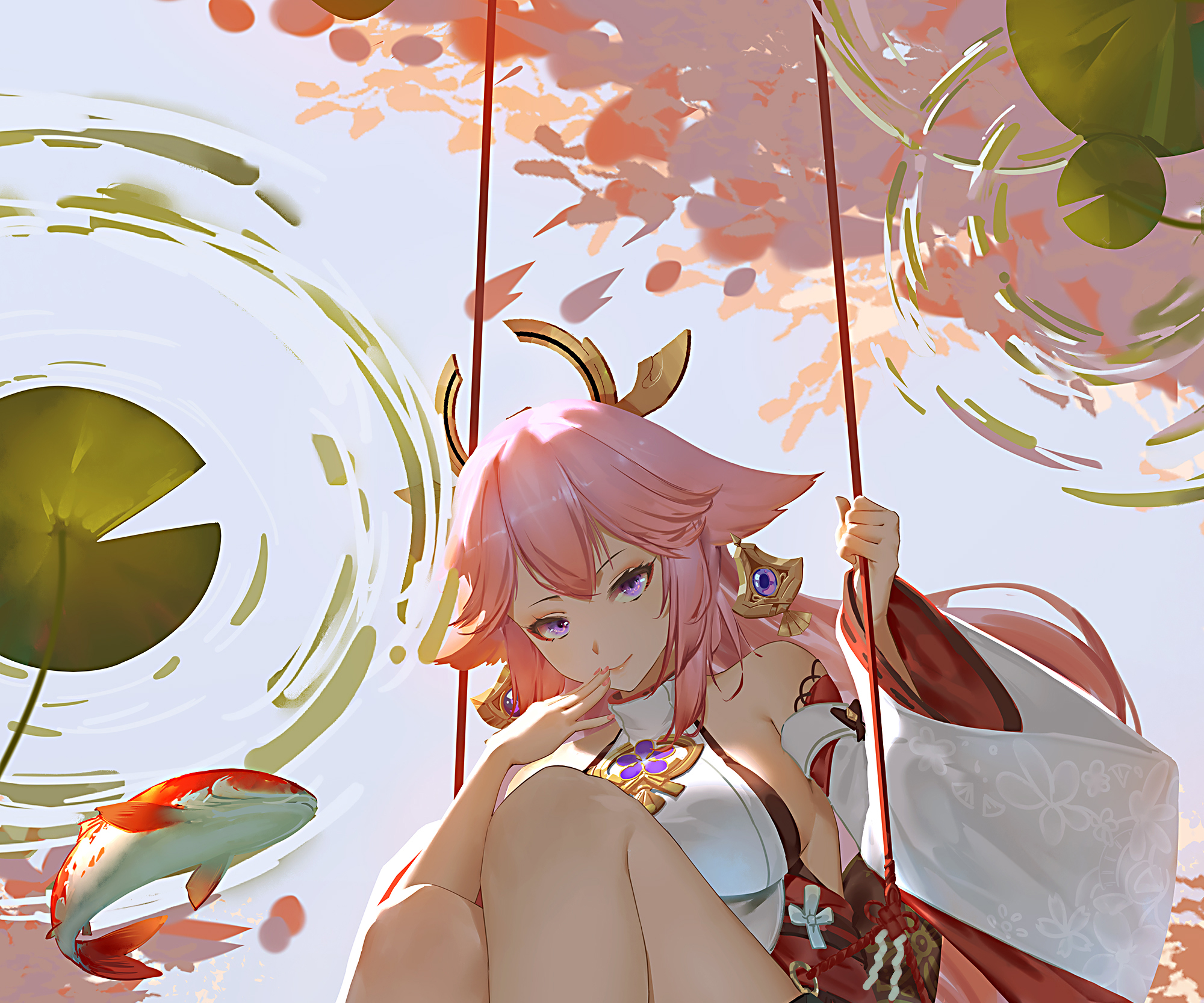 Yae Miko swinging with koi and lily pads HD Wallpaper