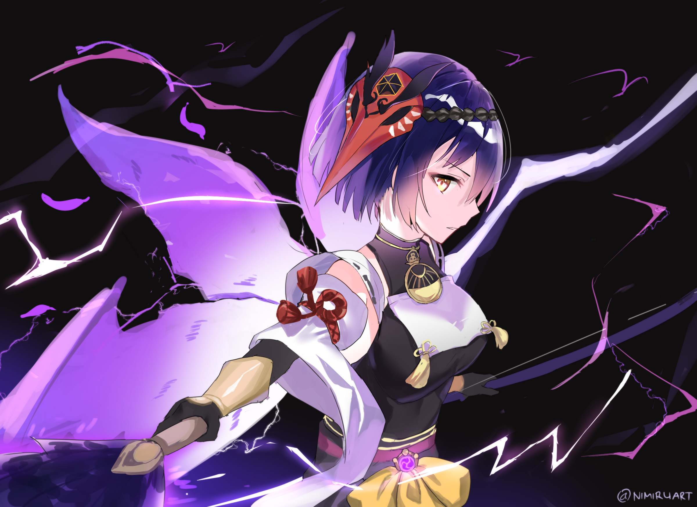 Kujou Sara with bow and purple lightning HD Wallpaper
