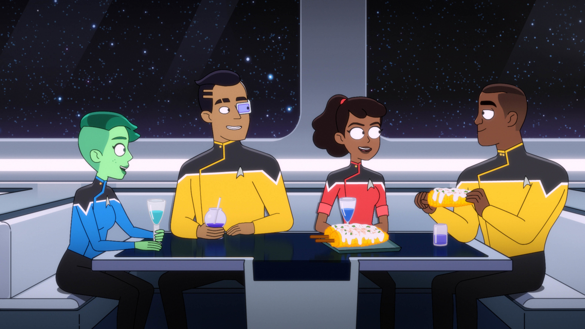 Star Trek Lower Decks crew enjoying a meal HD Wallpaper