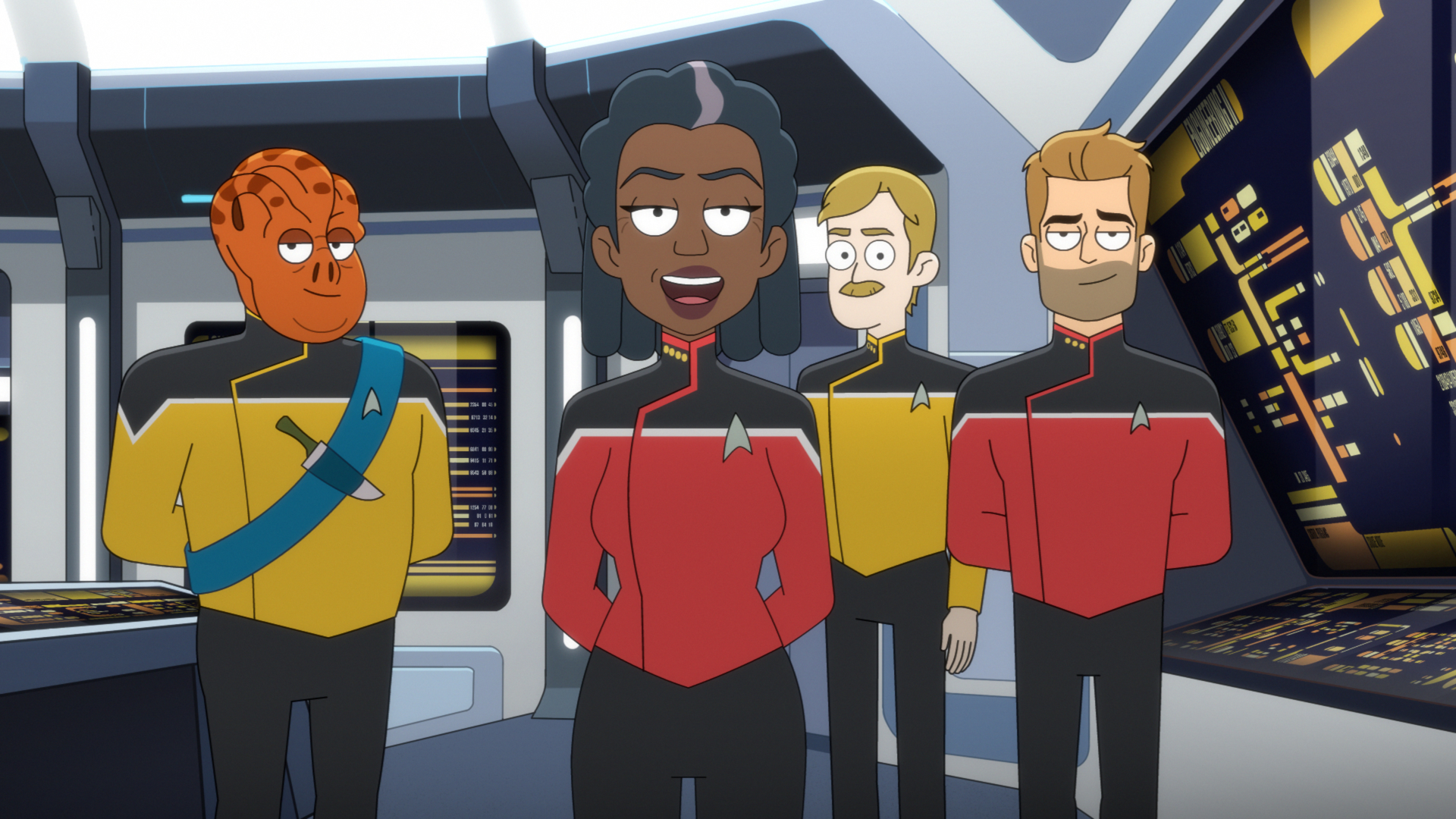 Star Trek: Lower Decks: Carol Freeman and officers on bridge HD Wallpaper