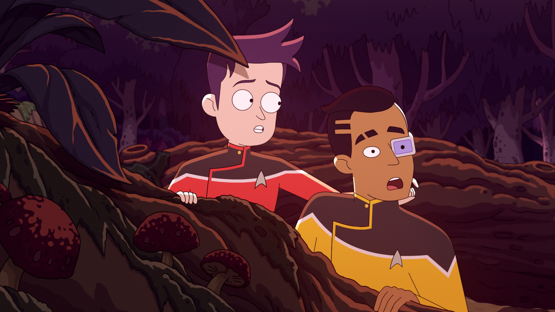 Star Trek Lower Decks: Boimler and Rutherford startled in forest HD Wallpaper