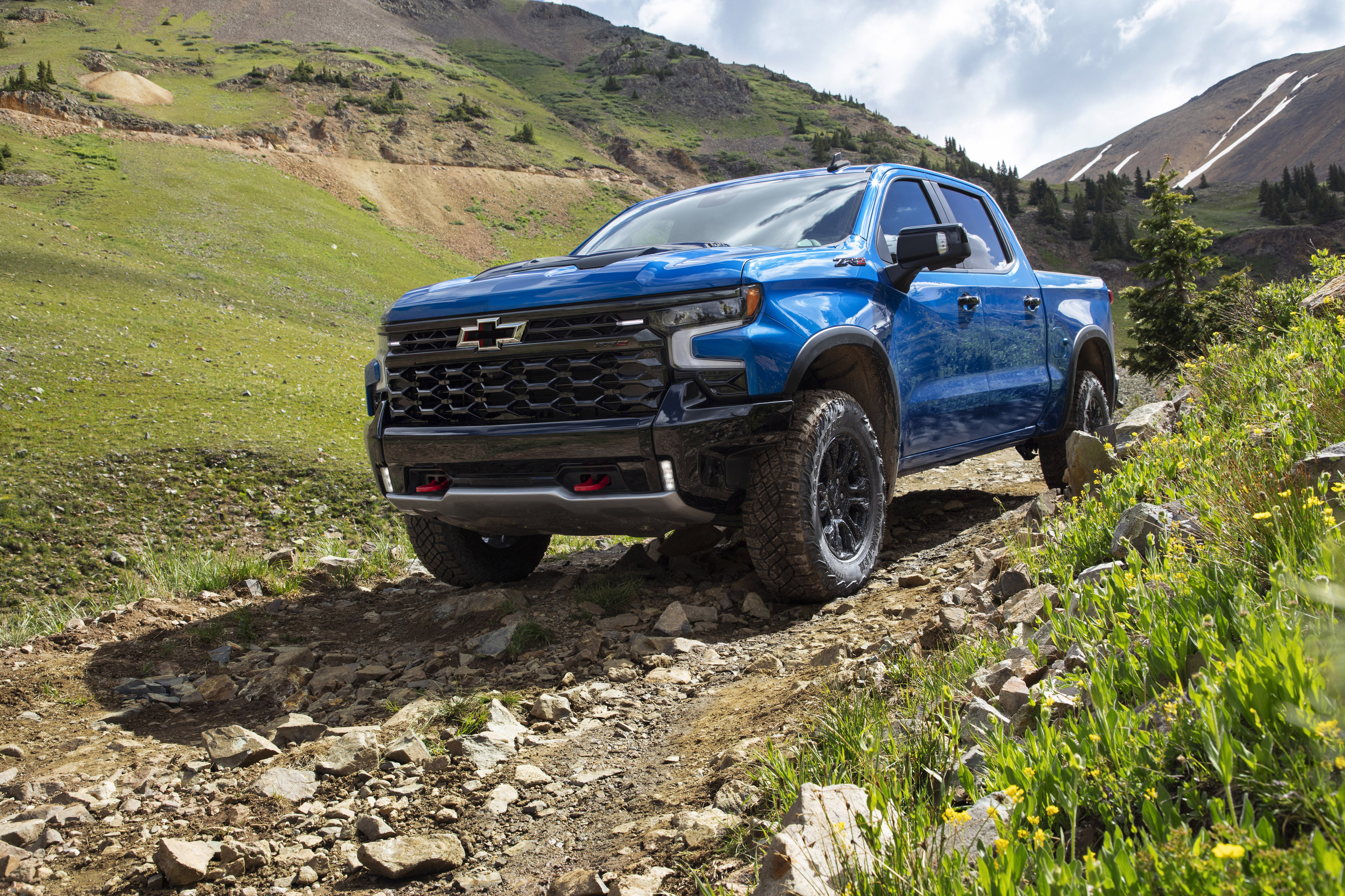 Chevrolet Silverado ZR2 pickup off-roading in mountains 4K HD Wallpaper