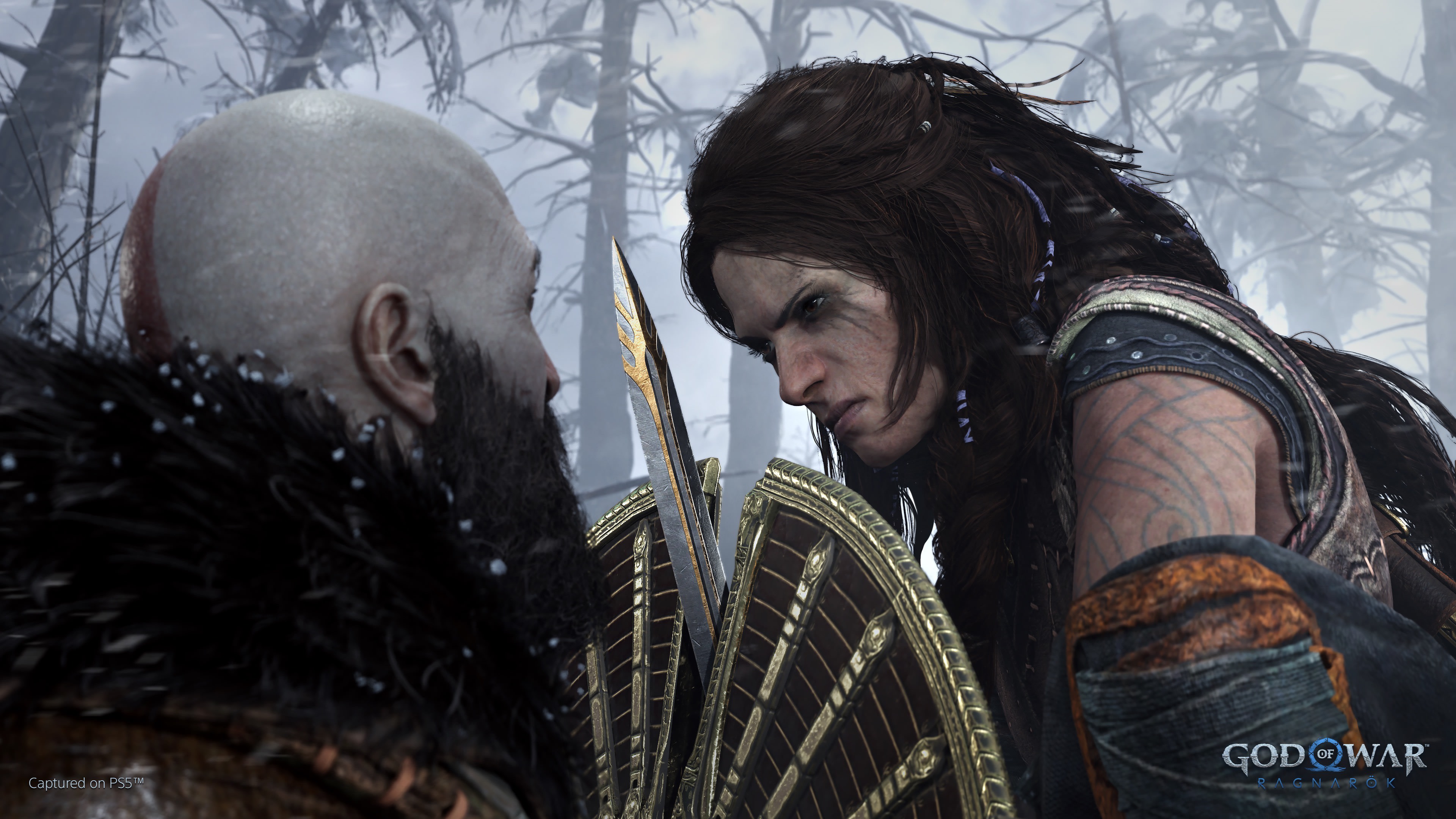 Kratos and Freya's intense face-off in God of War 4K HD Wallpaper