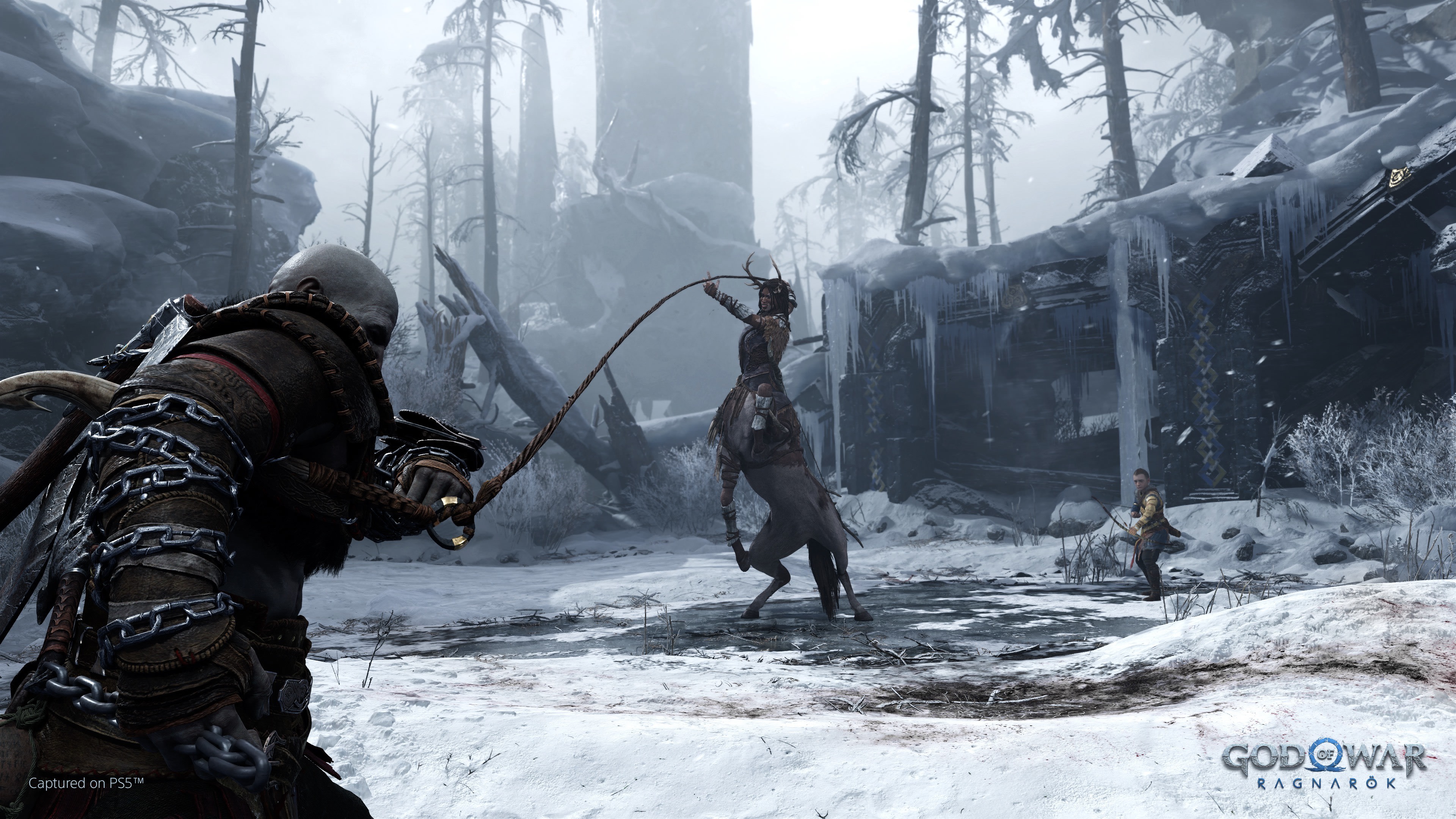 Kratos, Atreus, and enemy in God of War Ragnarök HD Wallpaper