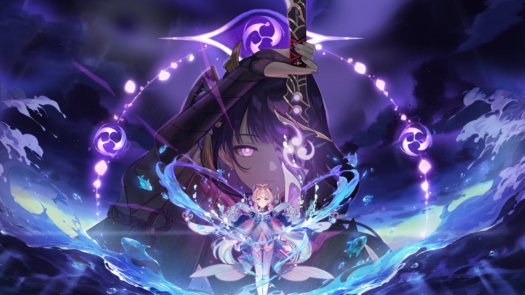 Raiden Shogun and Sangonomiya Kokomi Electro Hydro Clash HD Wallpaper