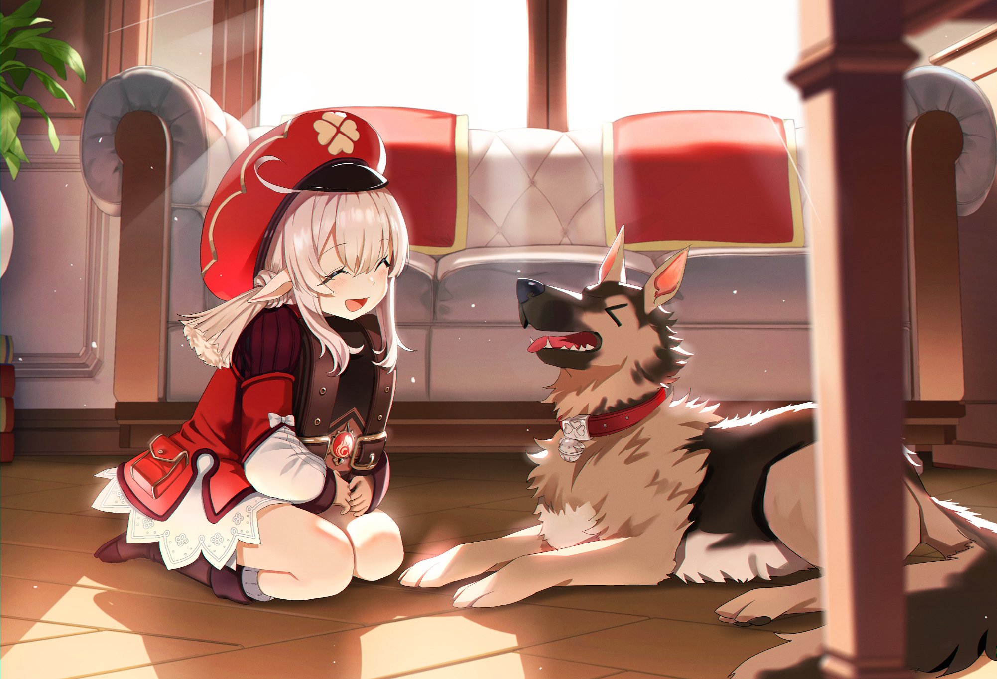 Klee (Genshin Impact) with a happy dog HD Wallpaper