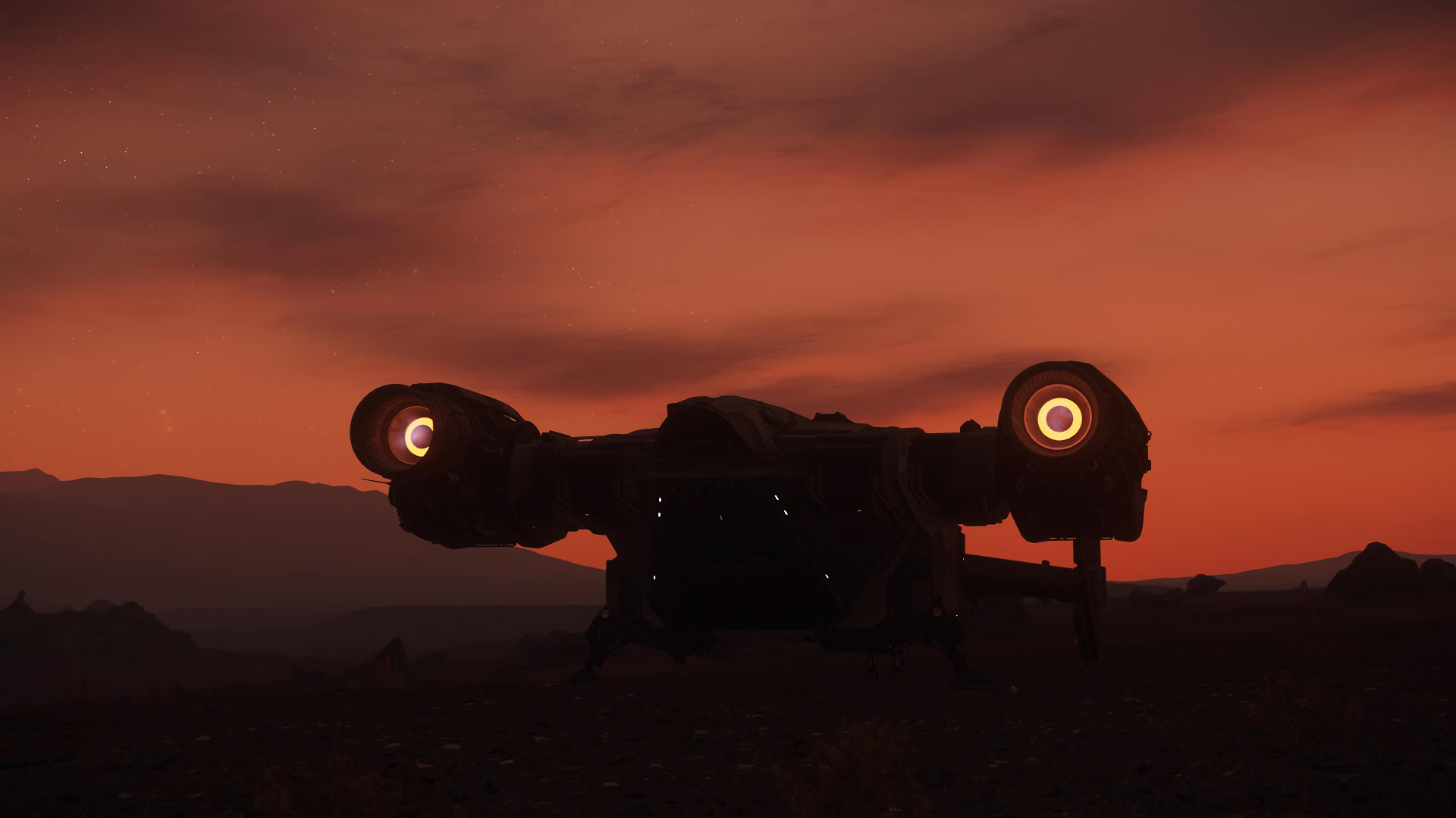 Star Citizen Spaceship with Glowing Lights on Red Planet HD Wallpaper