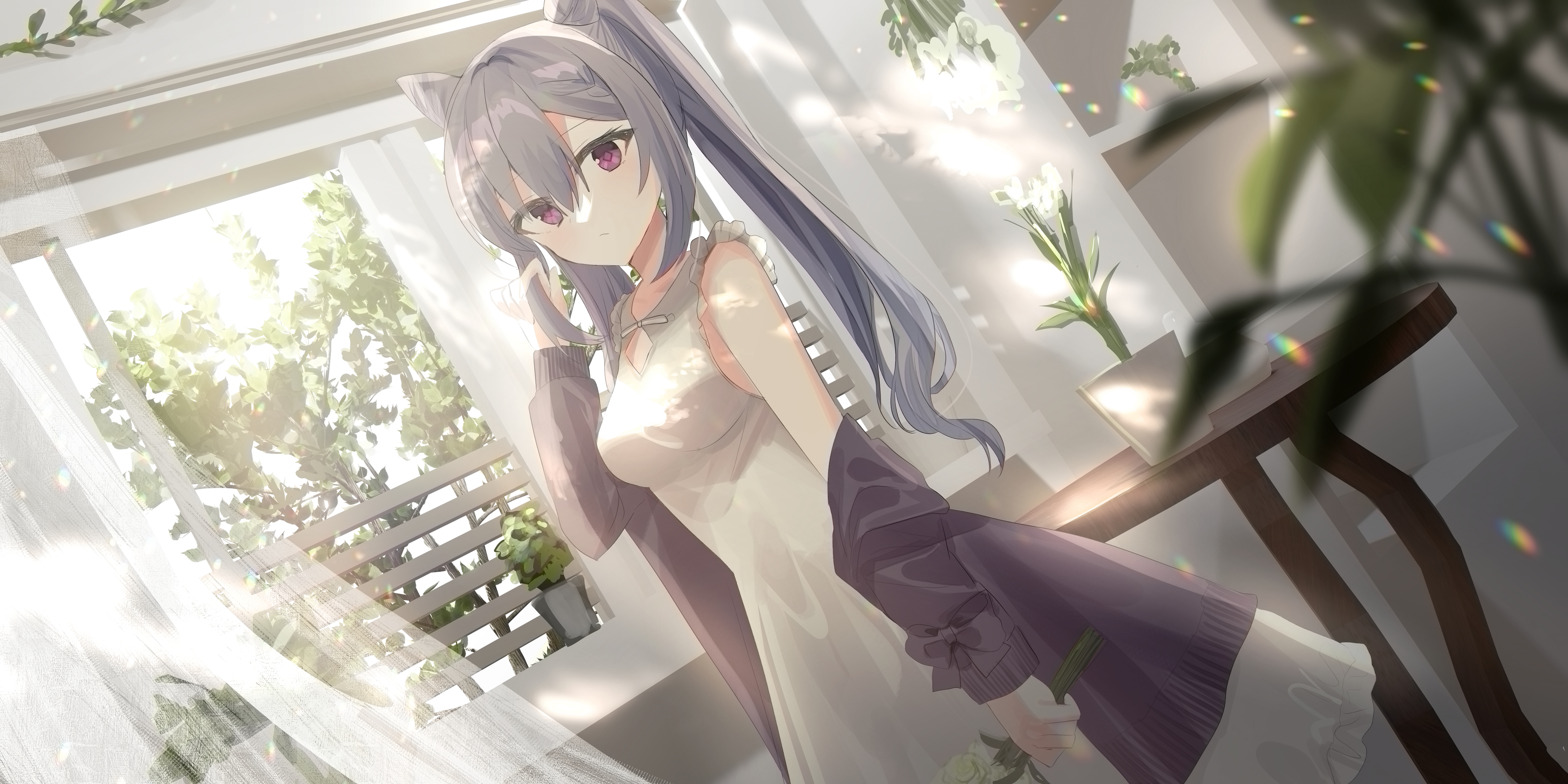 Keqing (Genshin Impact) in a bright sunlit room HD Wallpaper